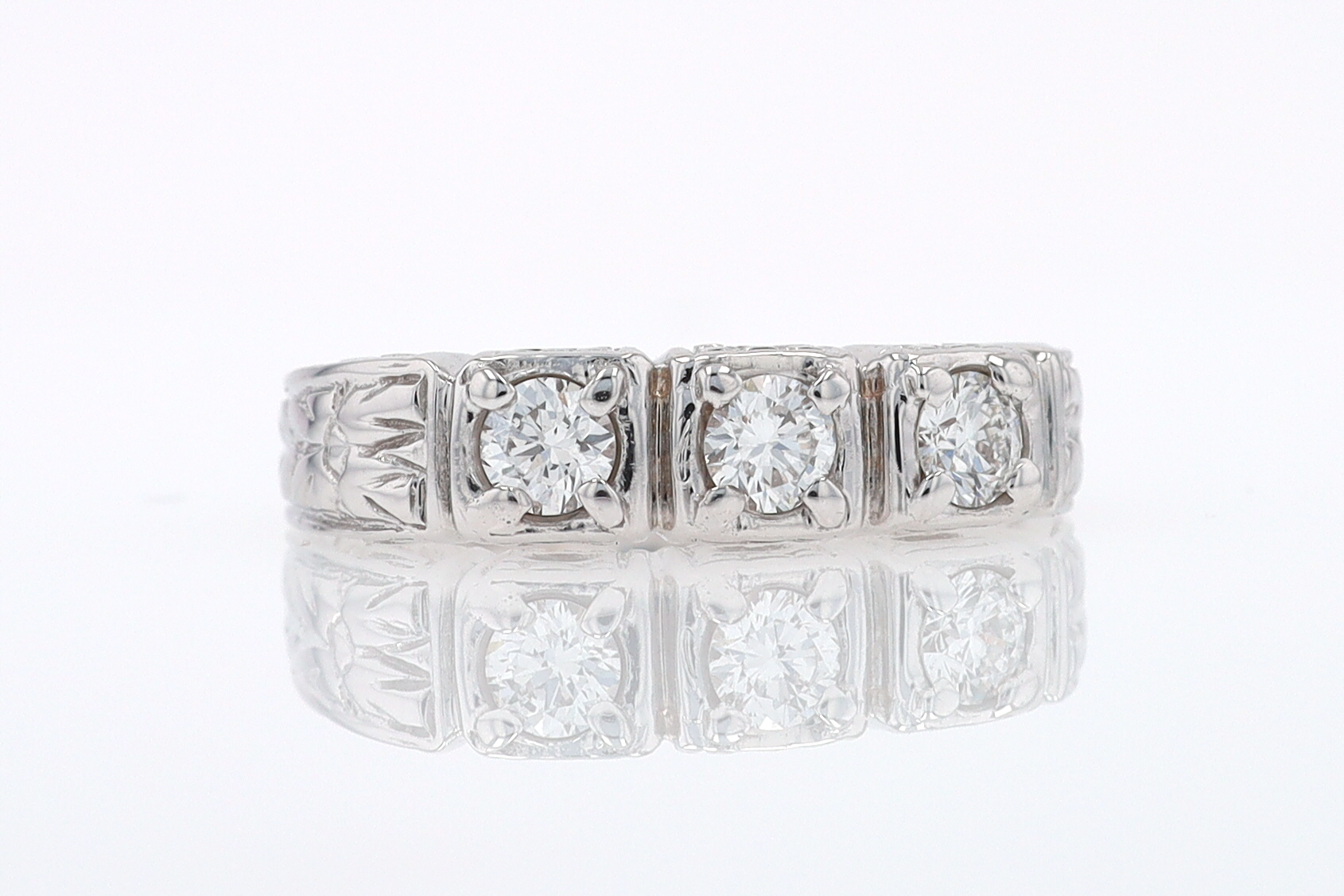 Estate Hand Engraved Diamond Wedding Band 3 Stone Engagement Ring