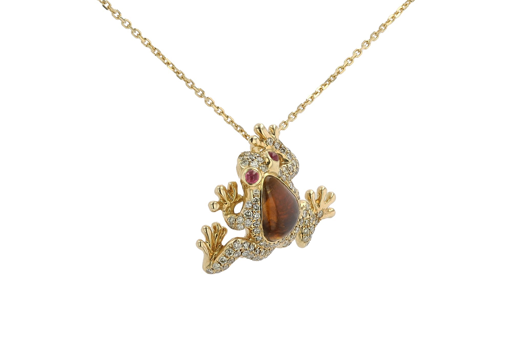 Estate Tourmaline Diamond and Ruby Frog 18k Yellow Gold Necklace