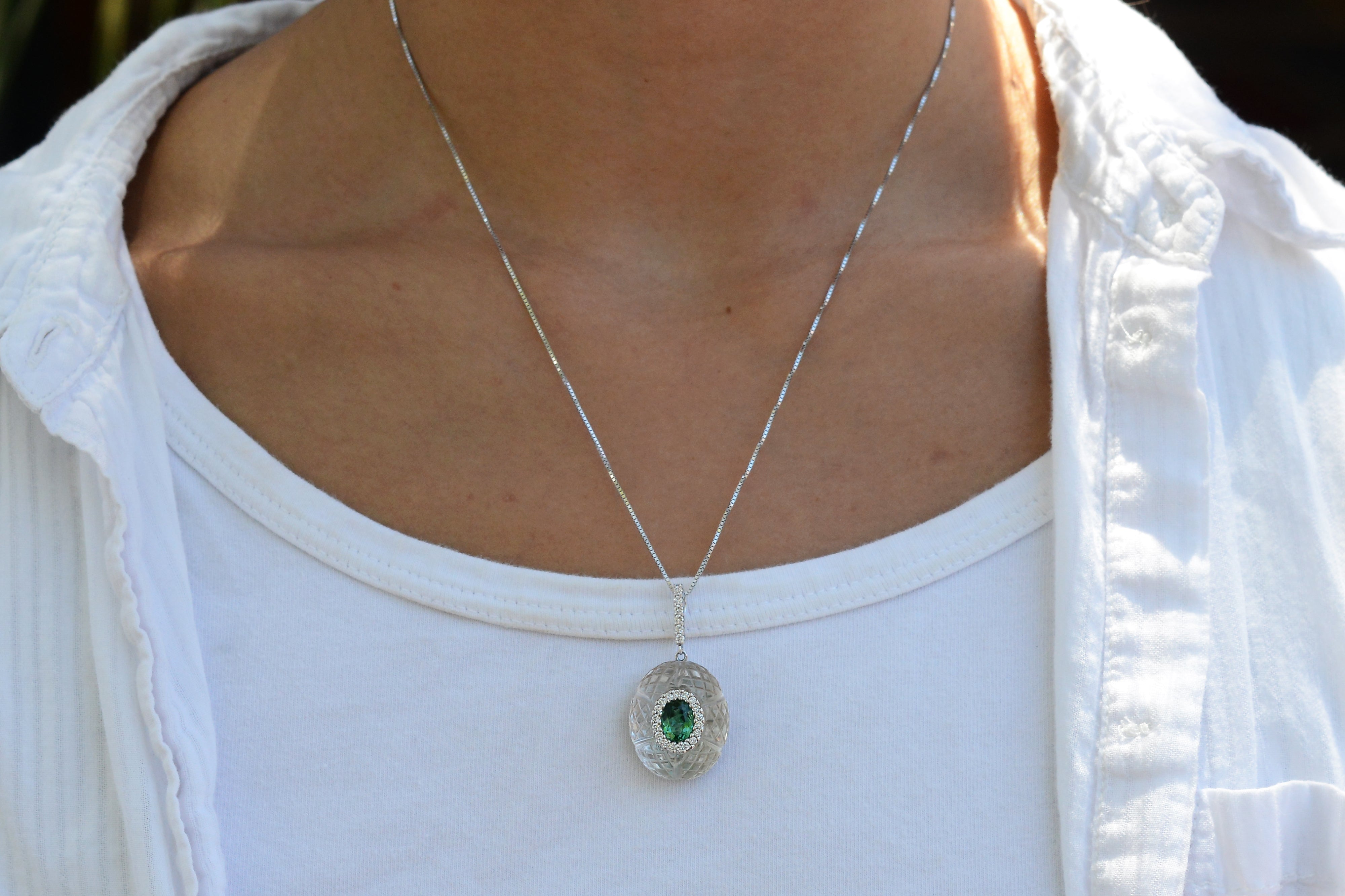Exquisite Tourmaline & Carved Rock Crystal Pendant