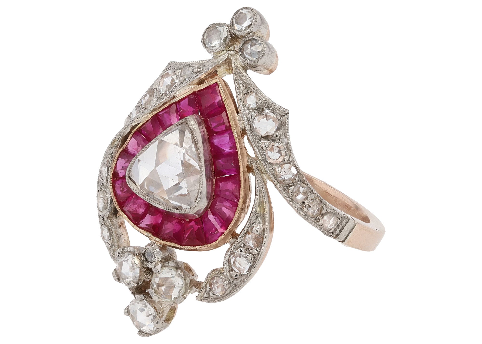 Georgian Inspired Crown Heart Rose Cut Diamond Ruby Engagement Ring
