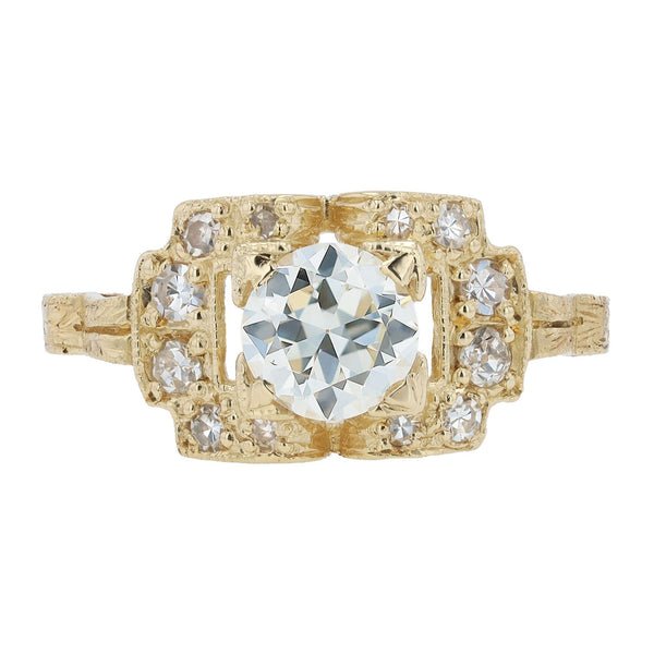 GIA Certified Round Diamond Yellow Gold Deco Engagement Ring