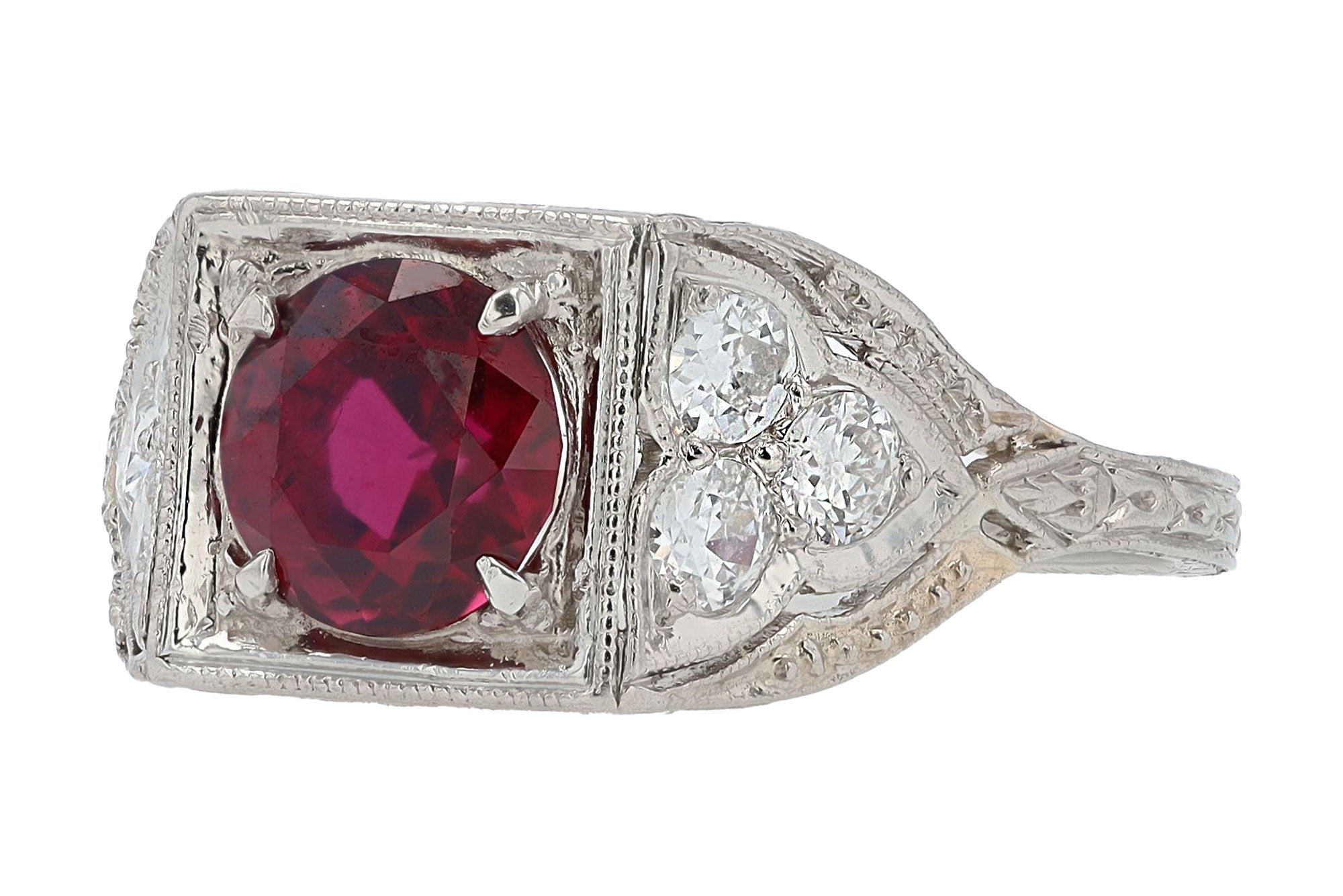 GIA Certified 1.46 Carat No Heat Ruby & Diamond Art Deco Engagement Ring