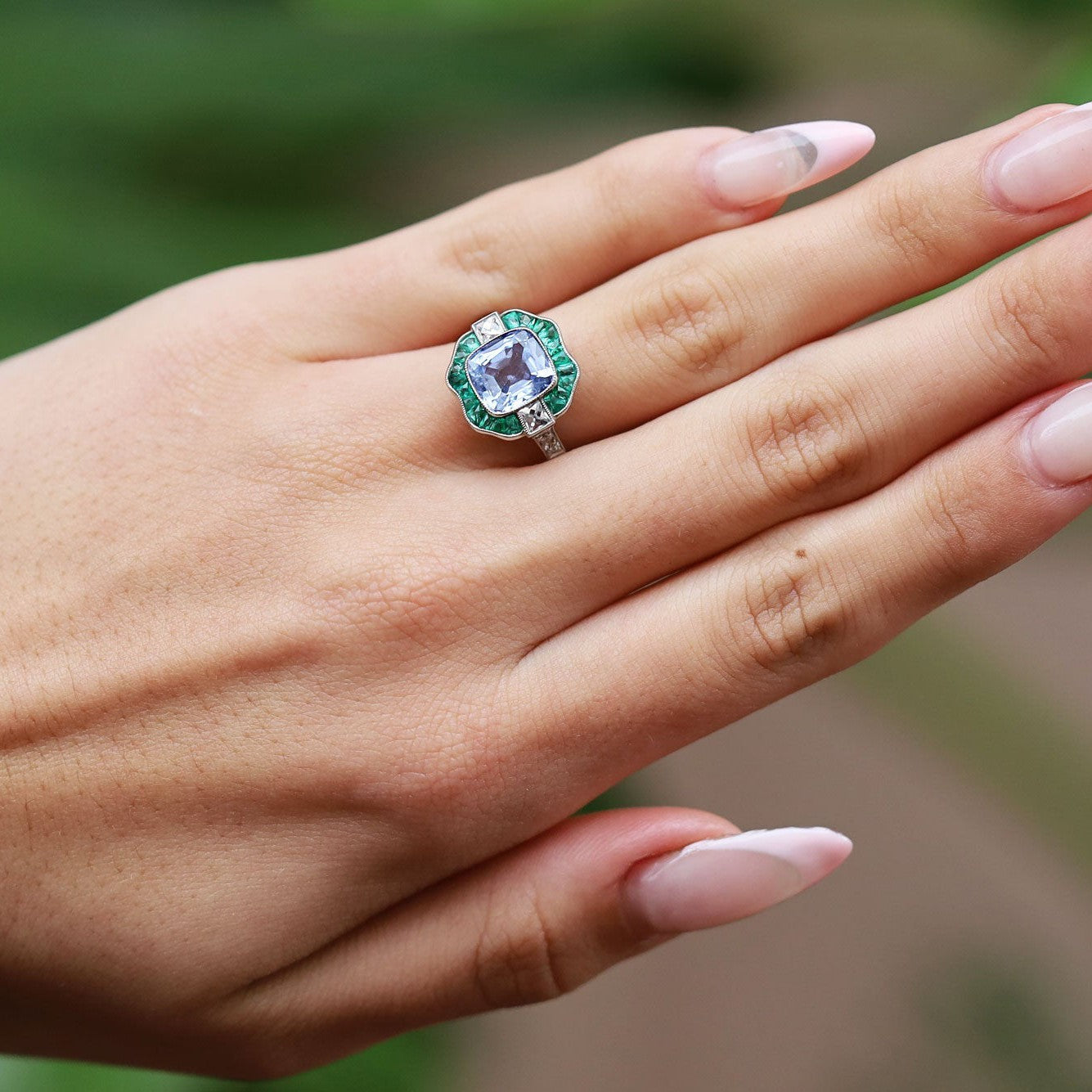 GIA Certified No Heat 2.35ct Ceylon Sapphire and Emerald Engagement Ring