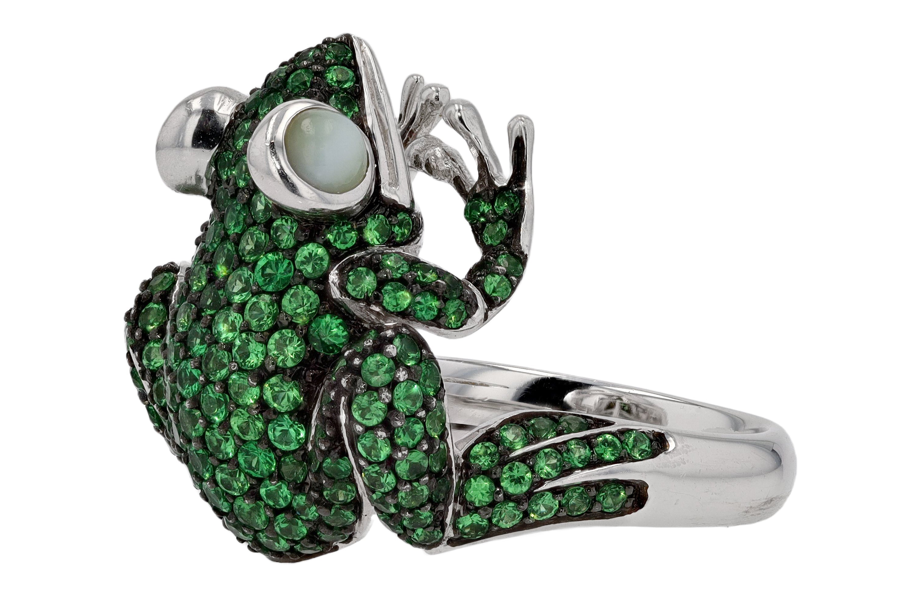 Gleaming Green Tsavorite and Cat's Eye Frog Ring