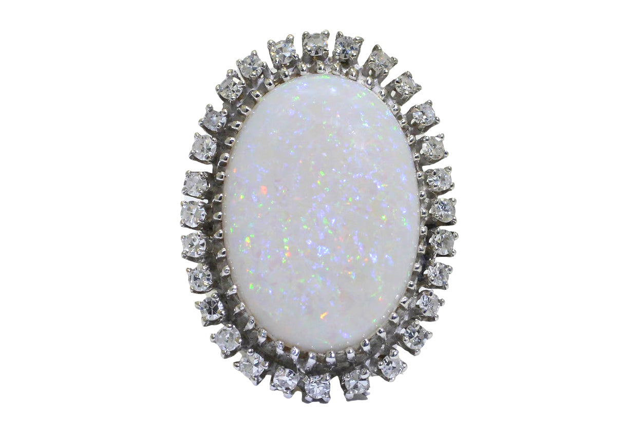 Huge Vintage Opal Diamond White Gold Cocktail Ring