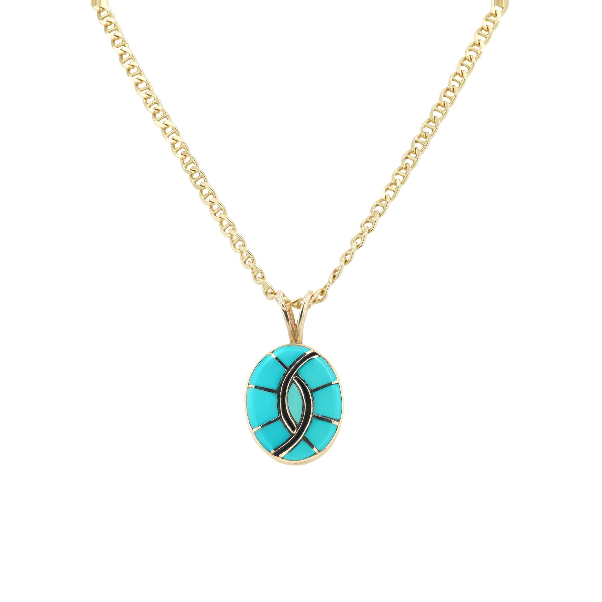 Signed Native American Inlay Kingman Turquoise 14k Gold Pendant Necklace