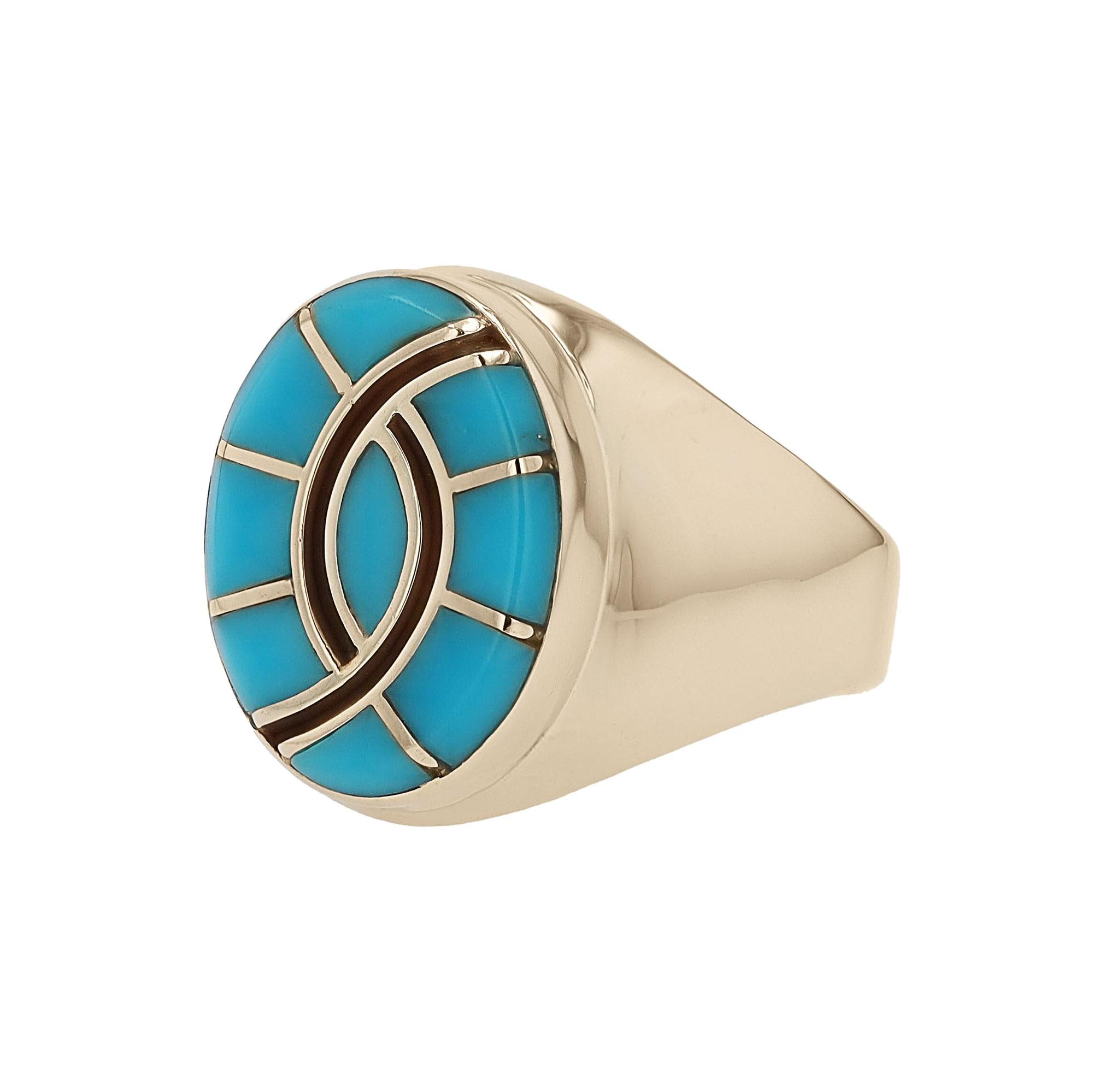 Zuni Style Turquoise Inlay Estate 14k Yellow Gold Ring