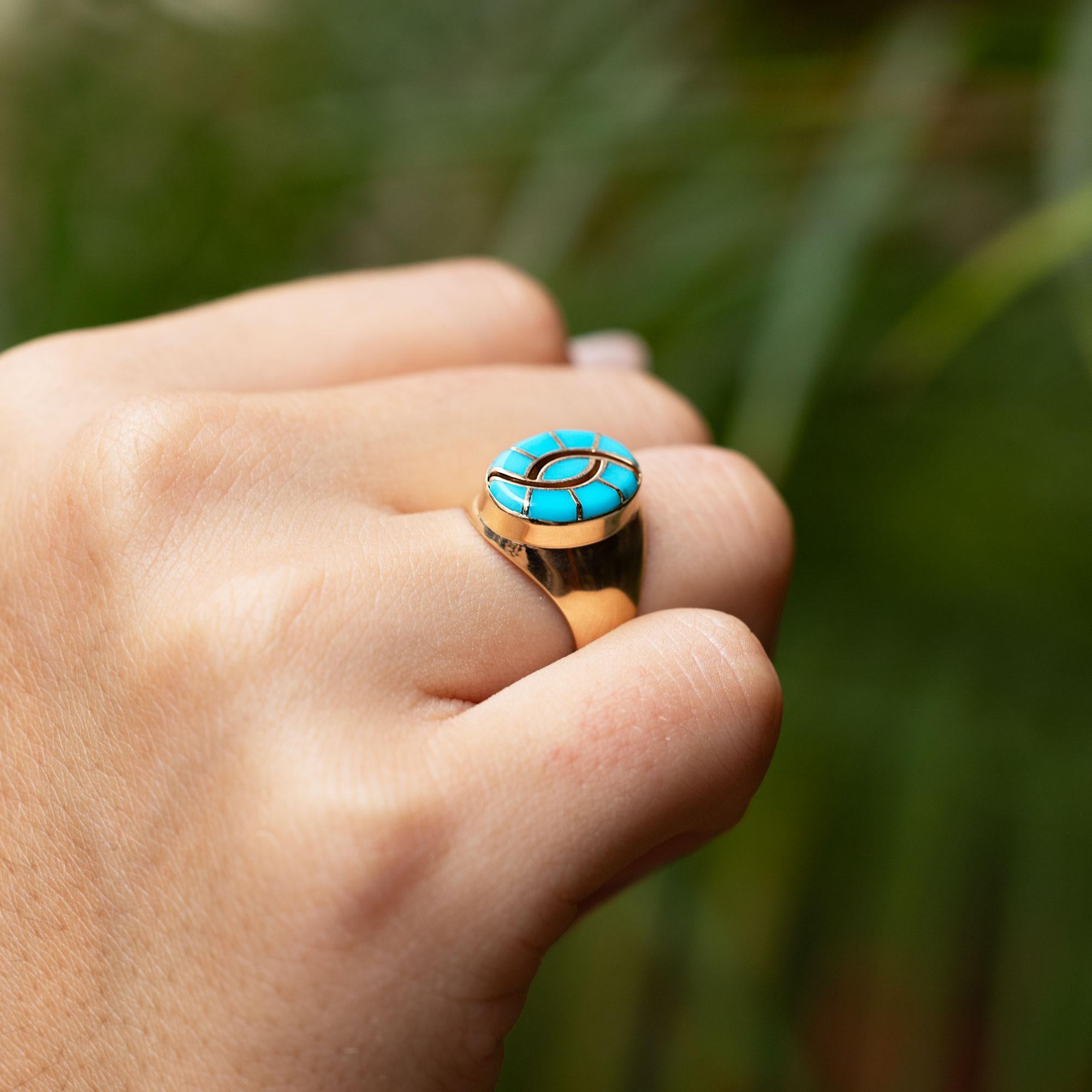 Zuni Style Turquoise Inlay Estate 14k Yellow Gold Ring