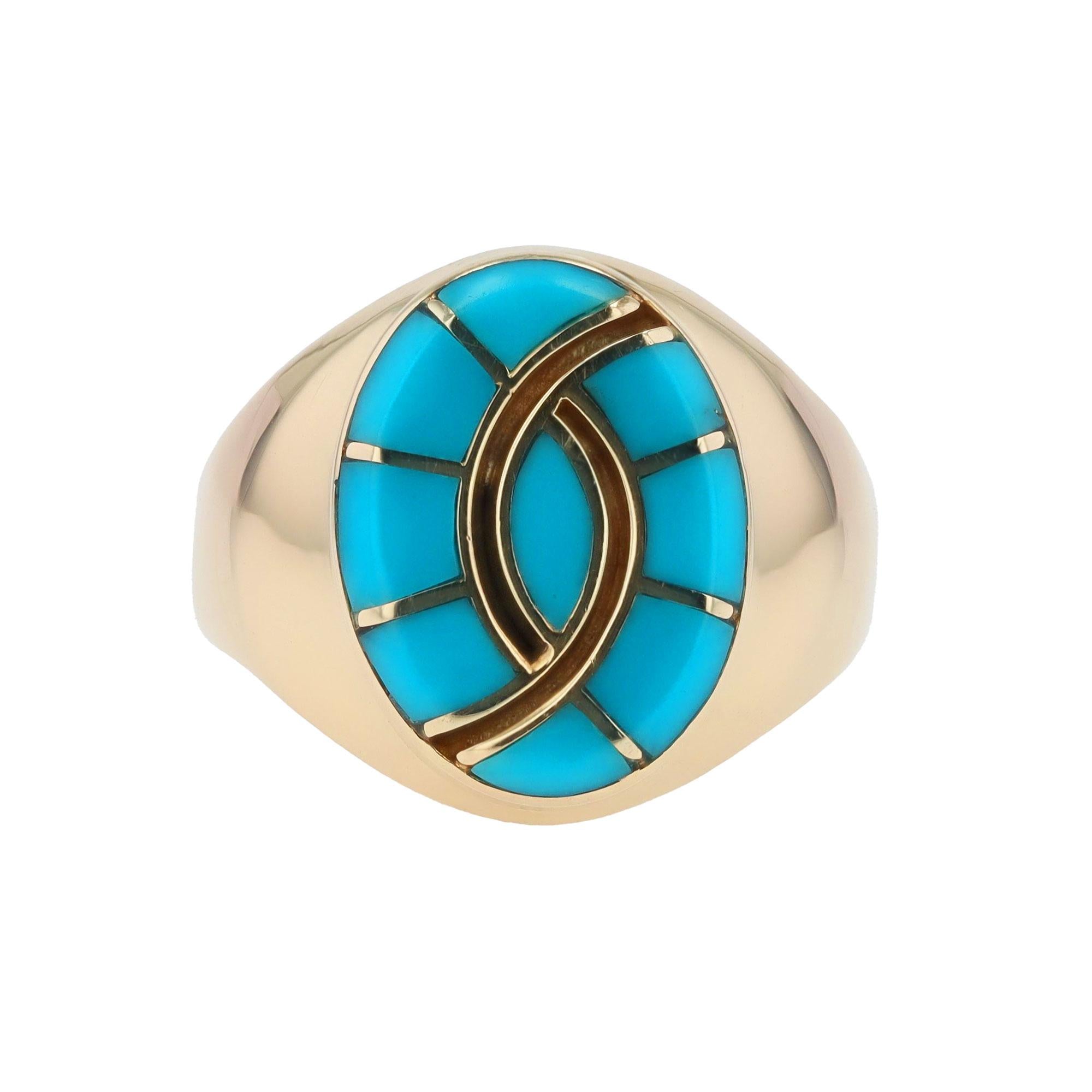 Zuni Style Turquoise Inlay Estate 14k Yellow Gold Ring