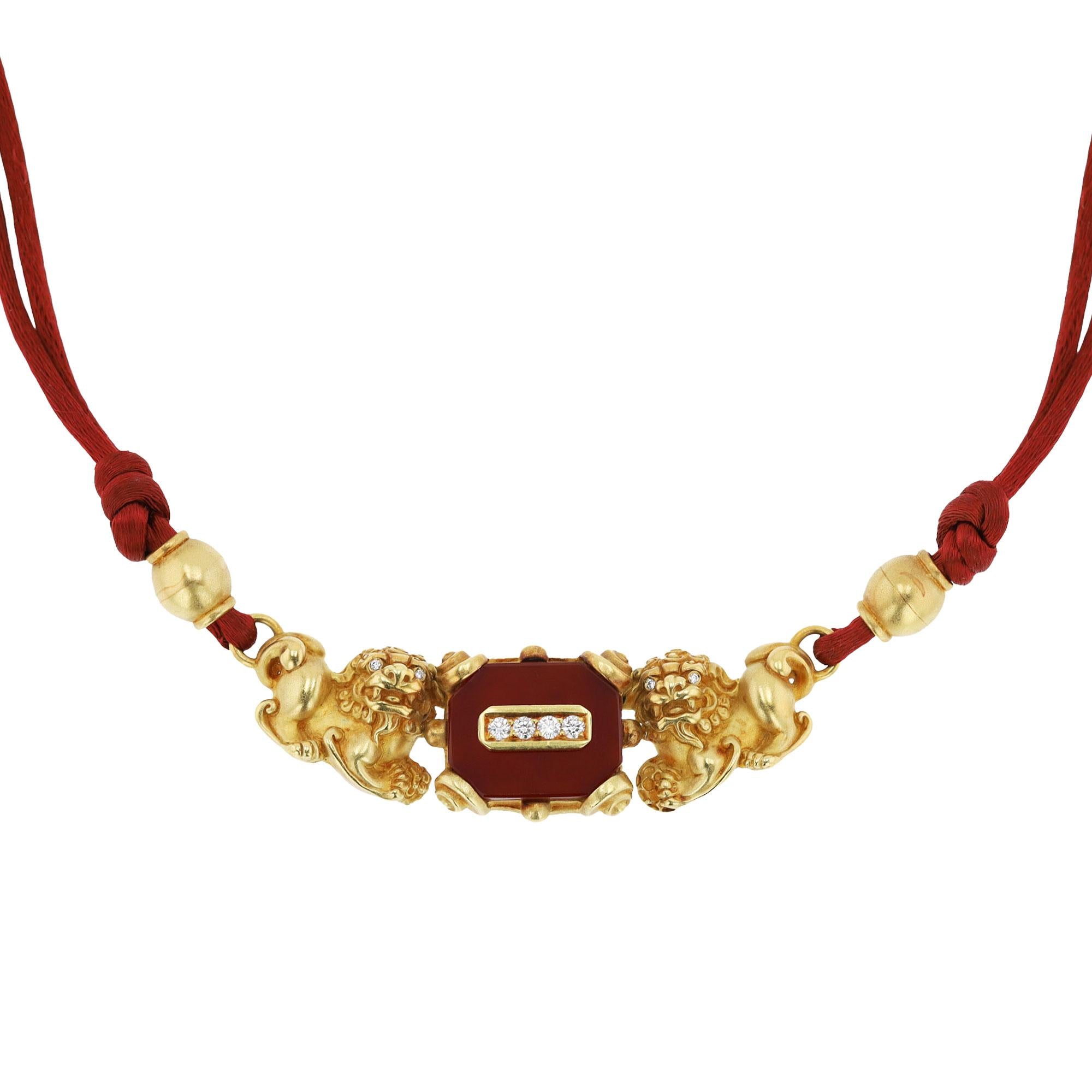 Kieselstein-Cord 18 Karat Gold Foo Dog Carnelian & Diamond Necklace