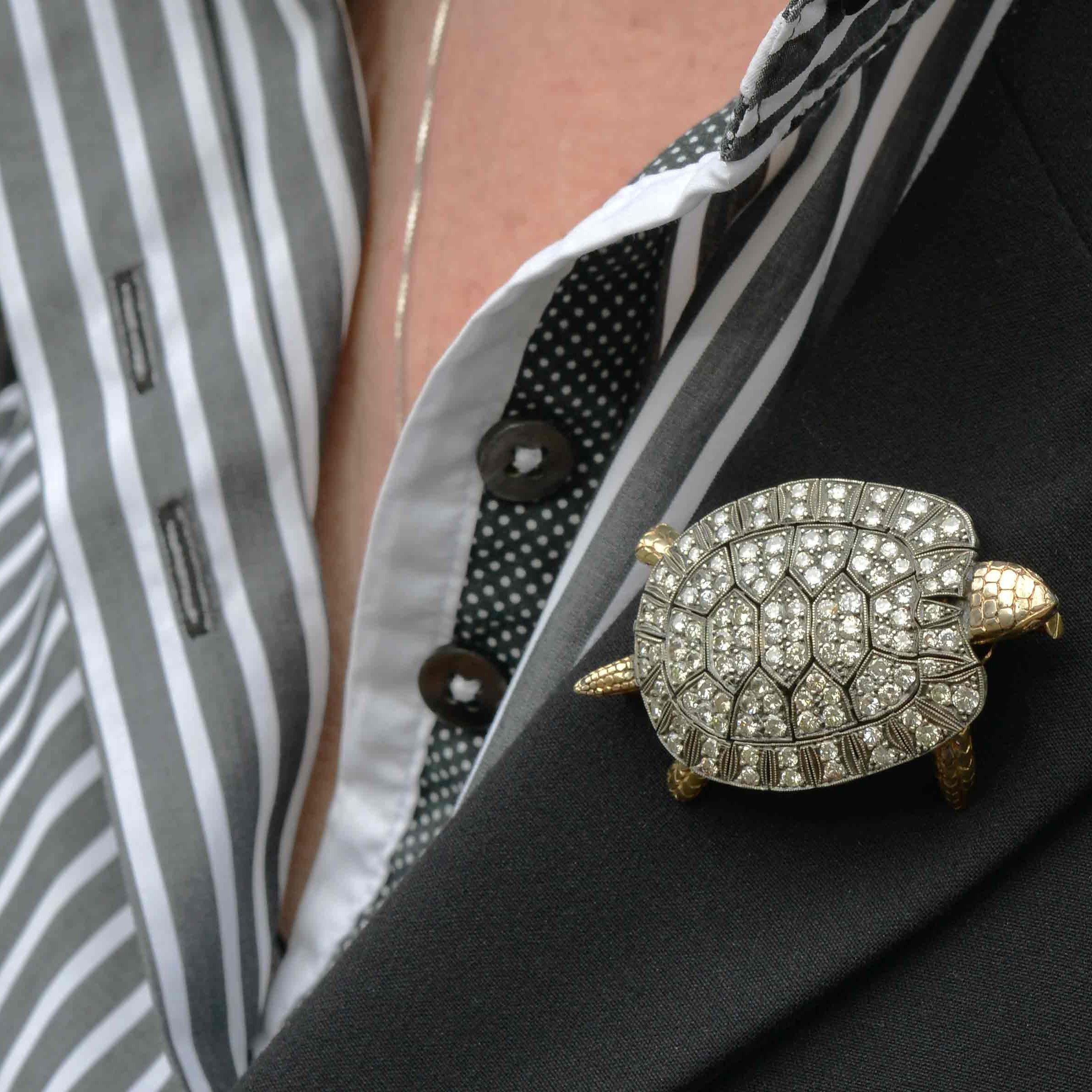2.50CTW Rose Cut Diamond Silver & 14k Yellow Gold Turtle Brooch Pin