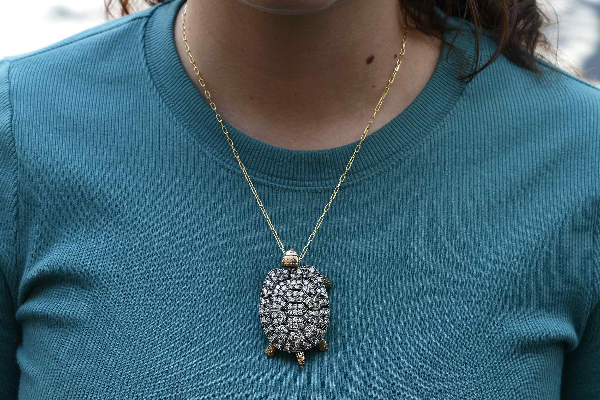 2.50CTW Rose Cut Diamond Silver & 14k Yellow Gold Turtle Brooch Pin