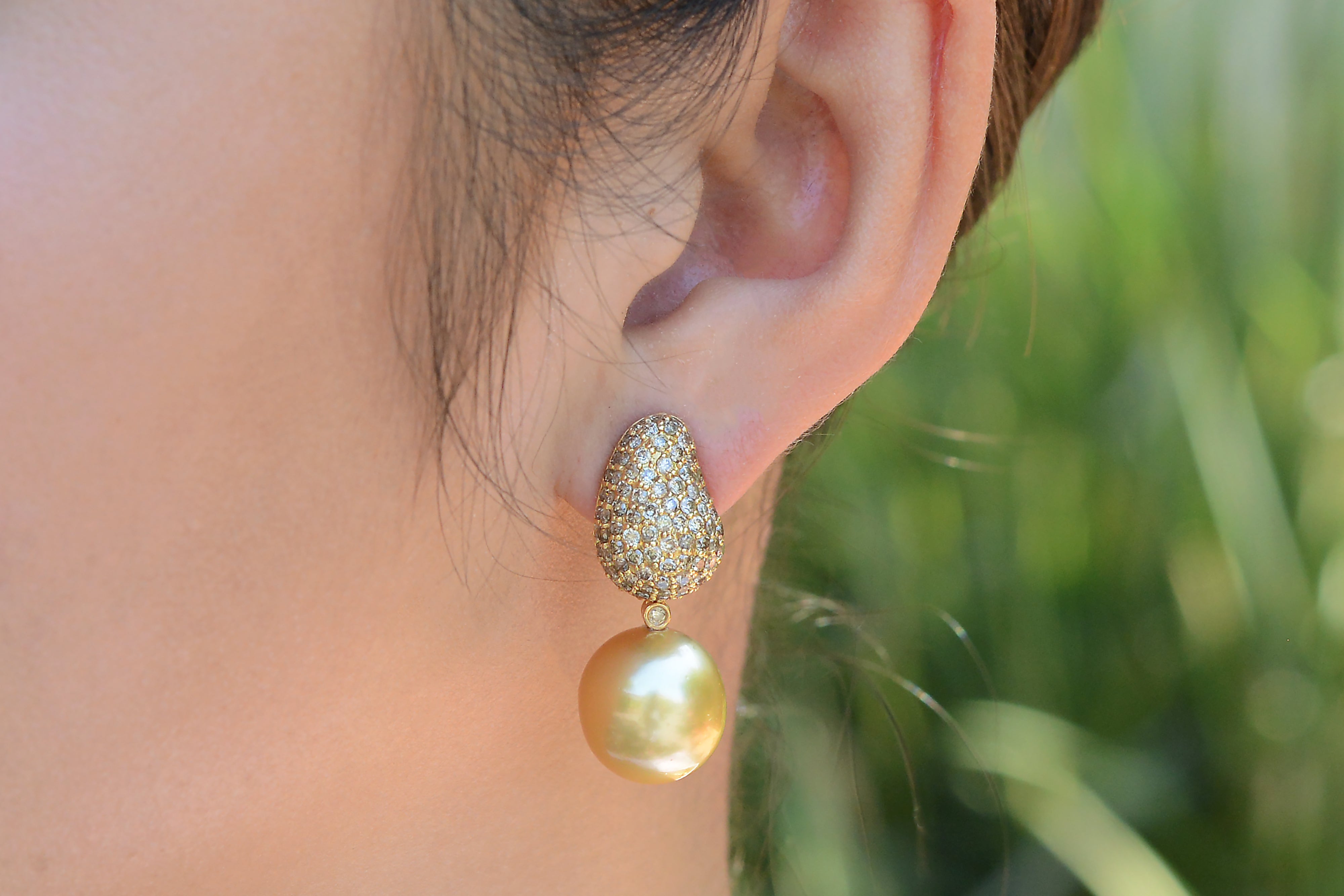 Large Golden South Sea Pearl Diamond Dangle Earrings