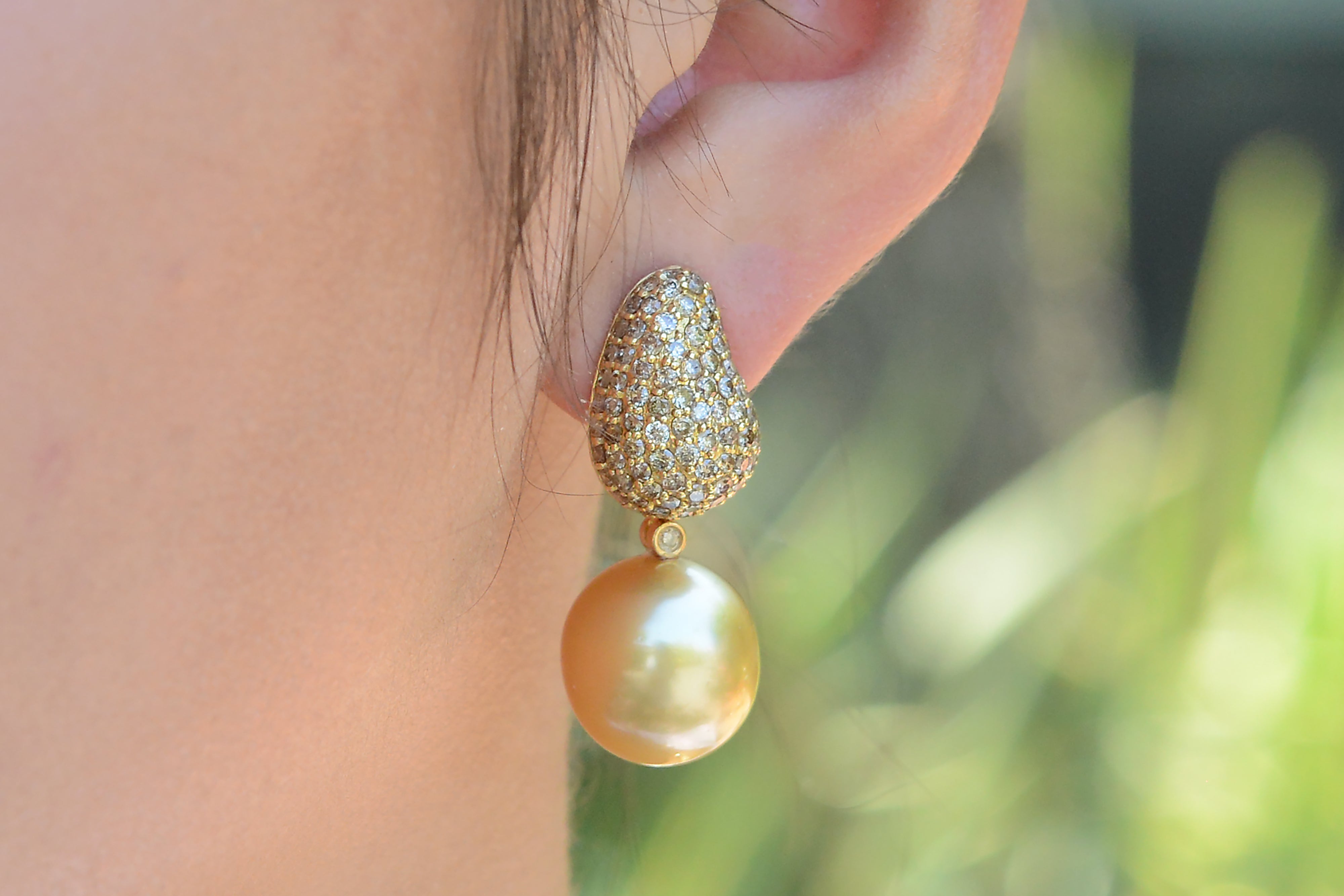 Large Golden South Sea Pearl Diamond Dangle Earrings