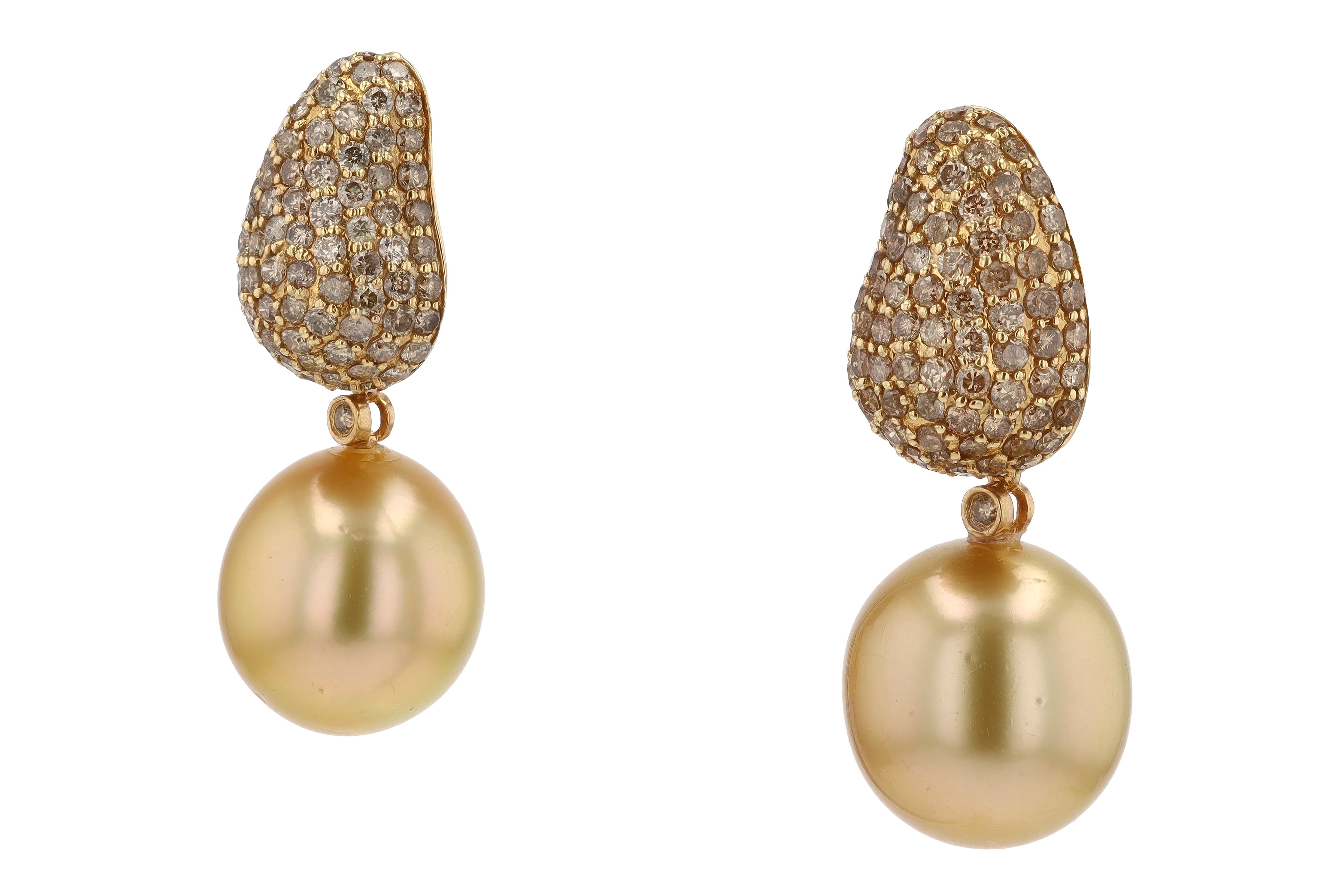 Large Golden South Sea Pearl Diamond Dangle Earrings