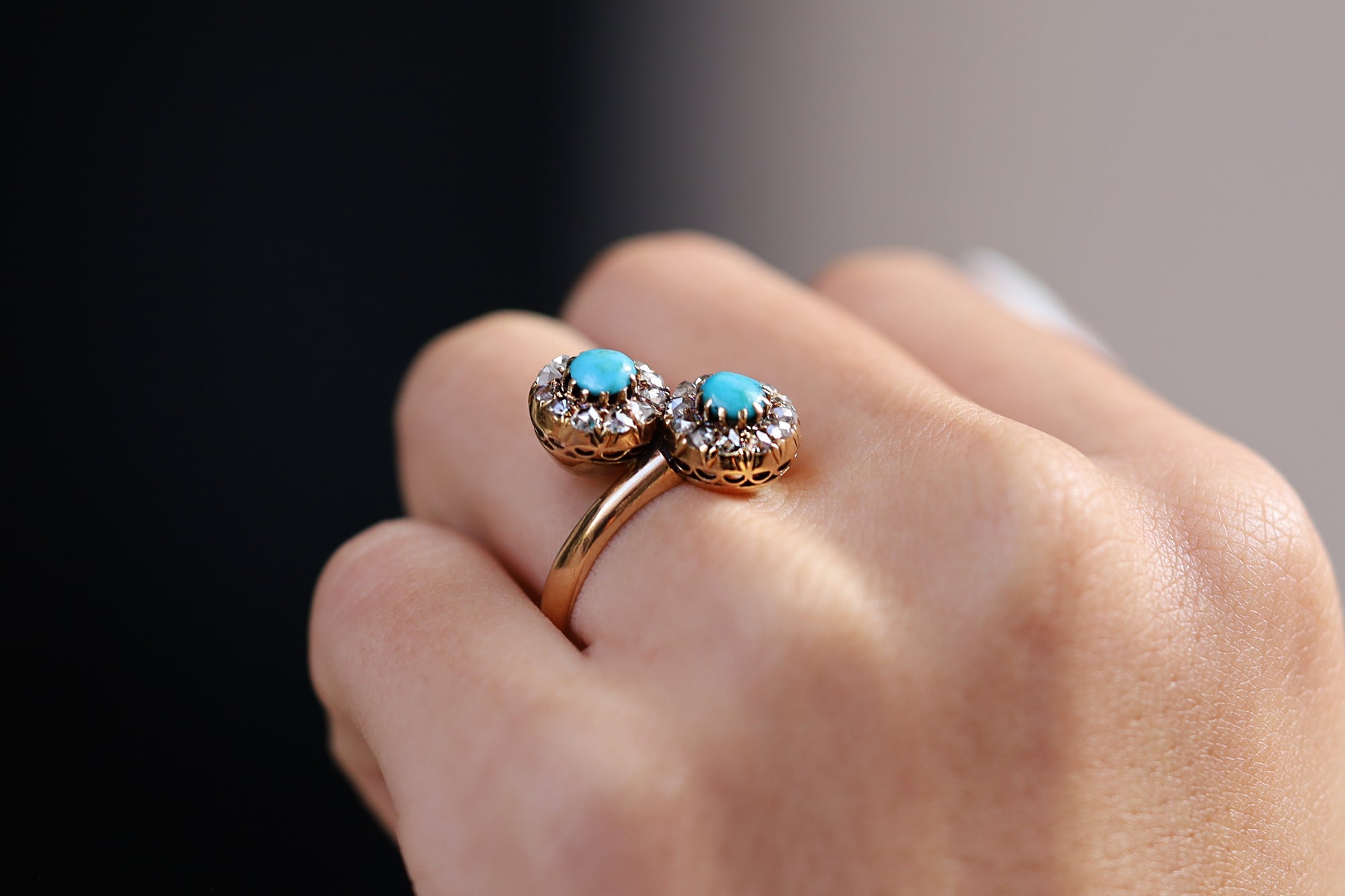 Late Georgian Turquoise and Rose Cut Diamond Toi Et Moi Engagement Ring