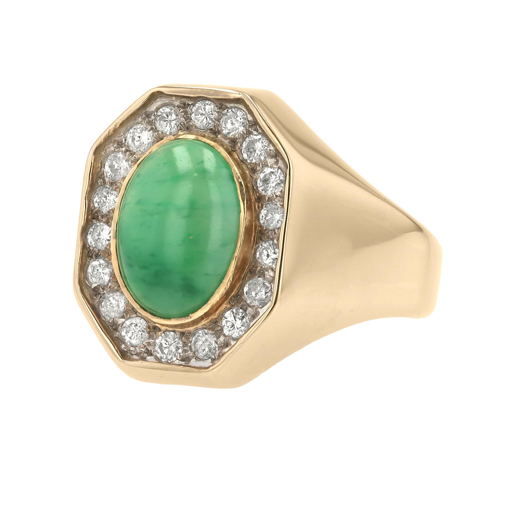 Men's Women's Mid Century Jade & Diamond 14k Yellow Gold Ring