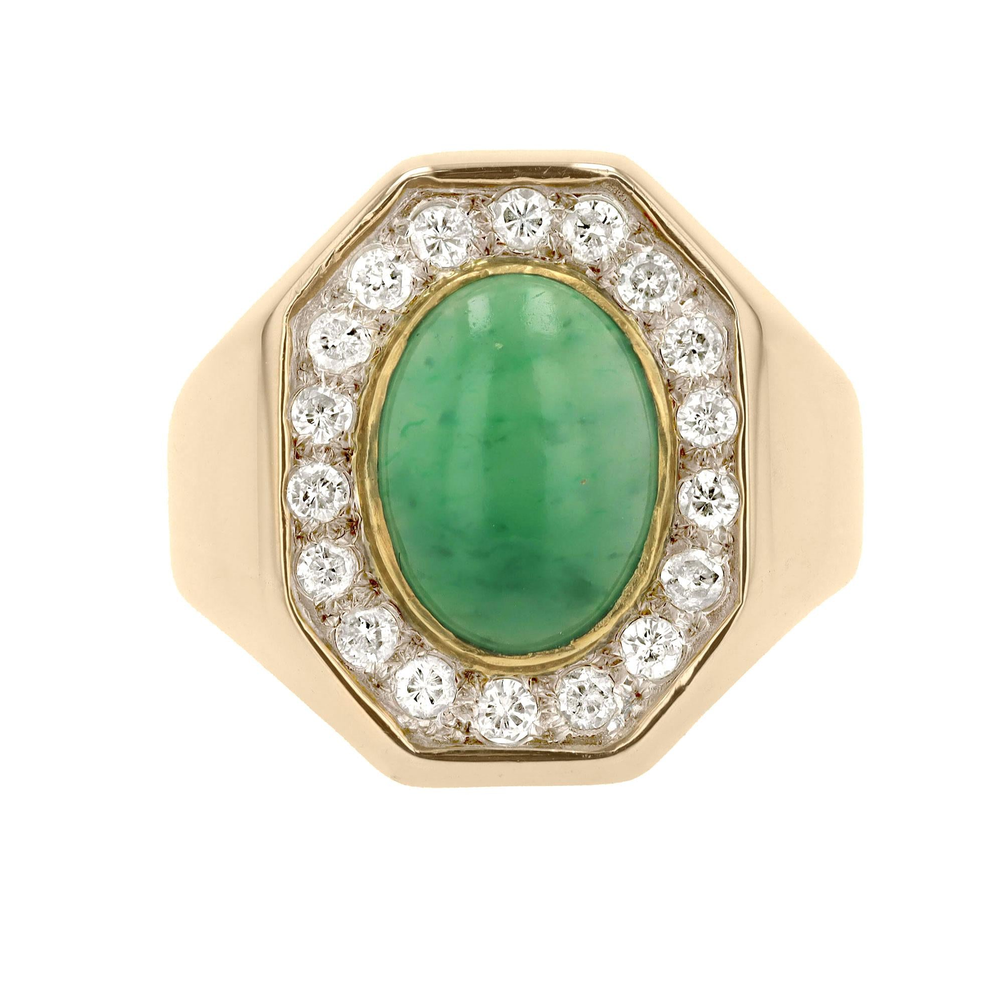 Men's Women's Mid Century Jade & Diamond 14k Yellow Gold Ring