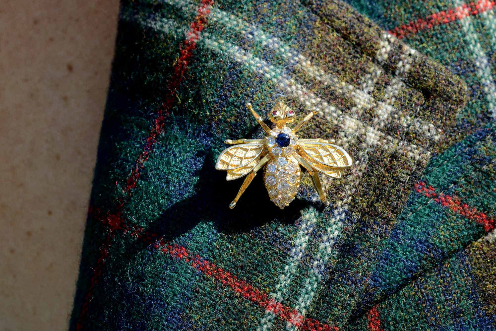 Mid-Century Diamond & Sapphire Bee Brooch Pendant