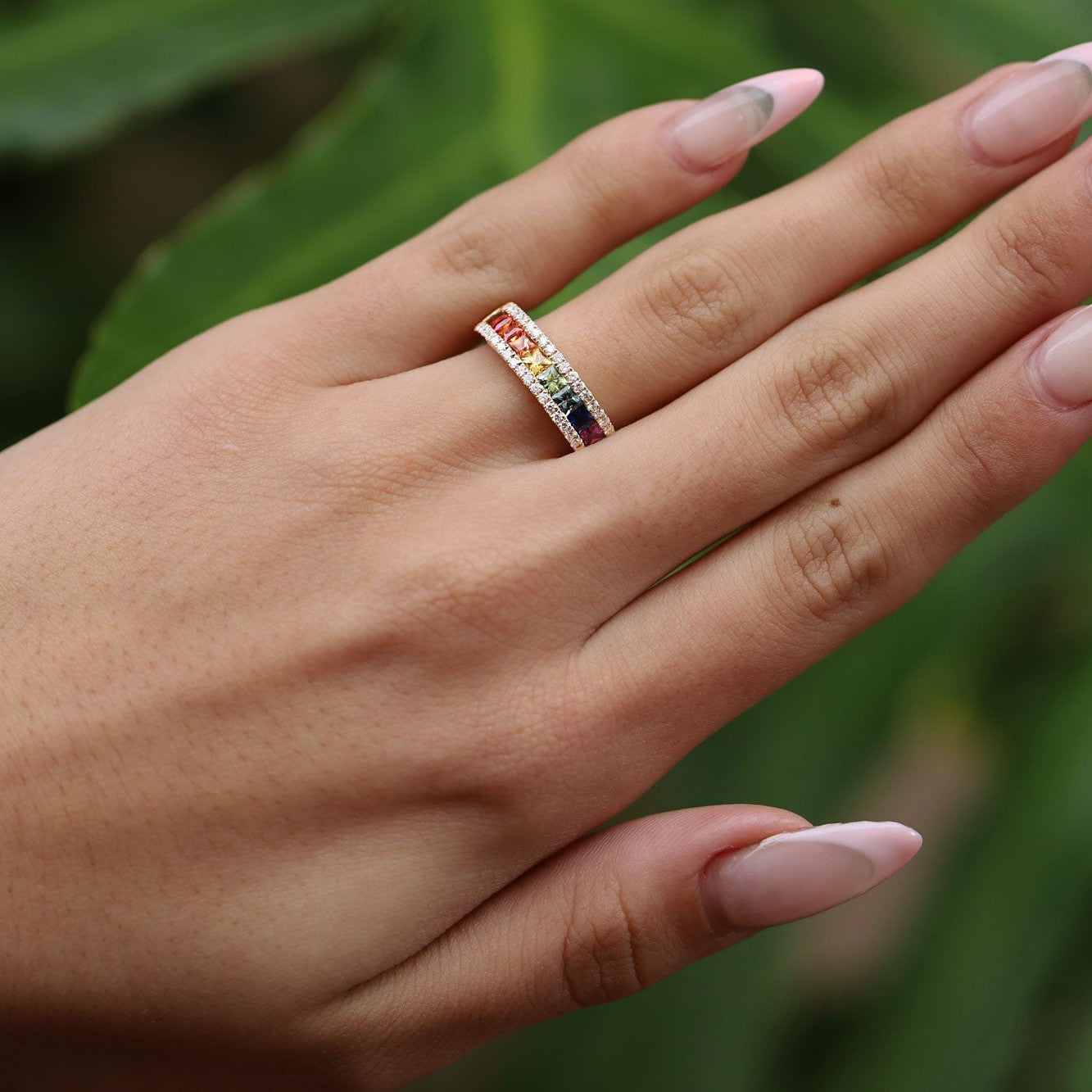 Rainbow Sapphire Gold Band Ring