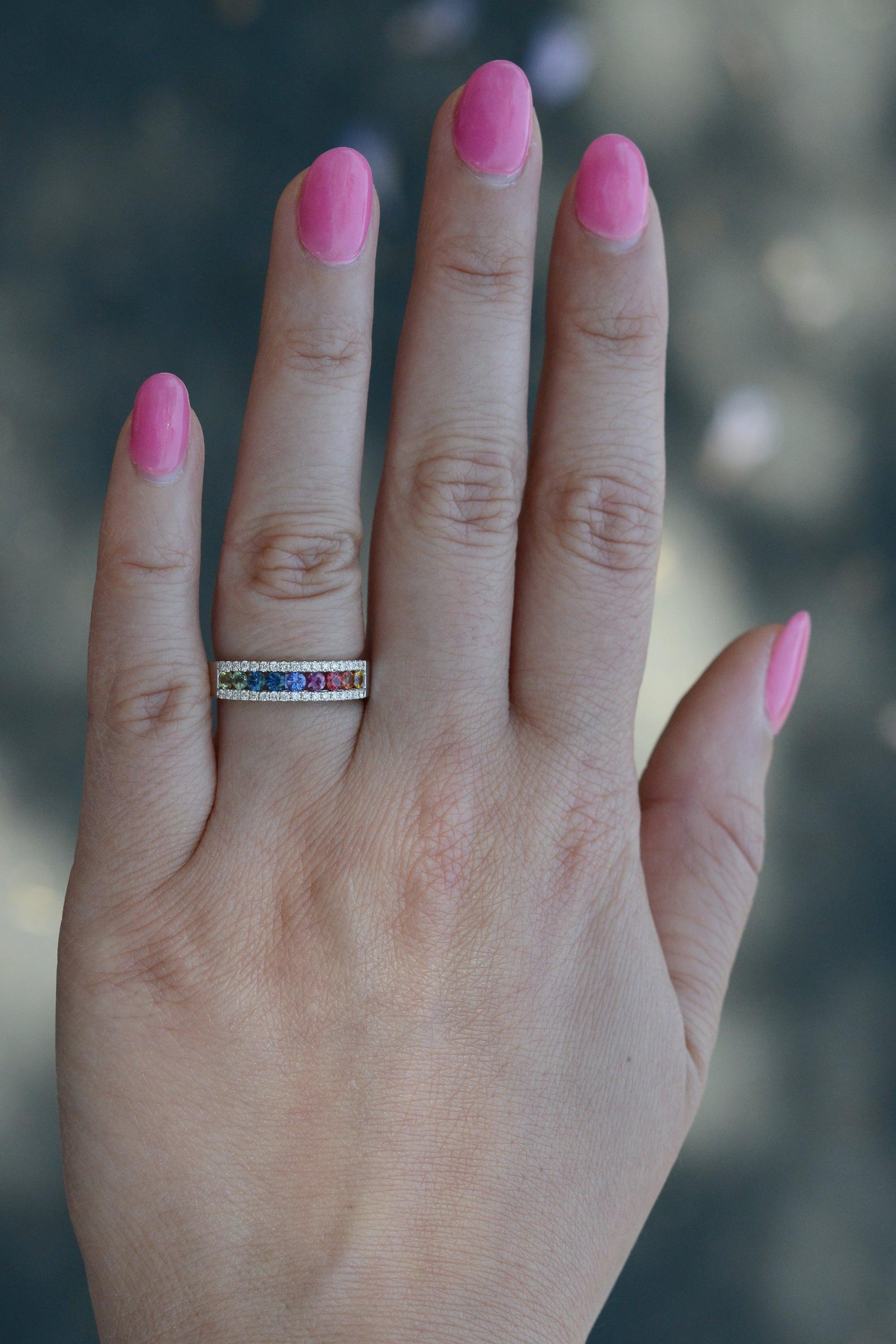 New Rainbow Sapphire & Diamond Wedding Band Engagement Ring