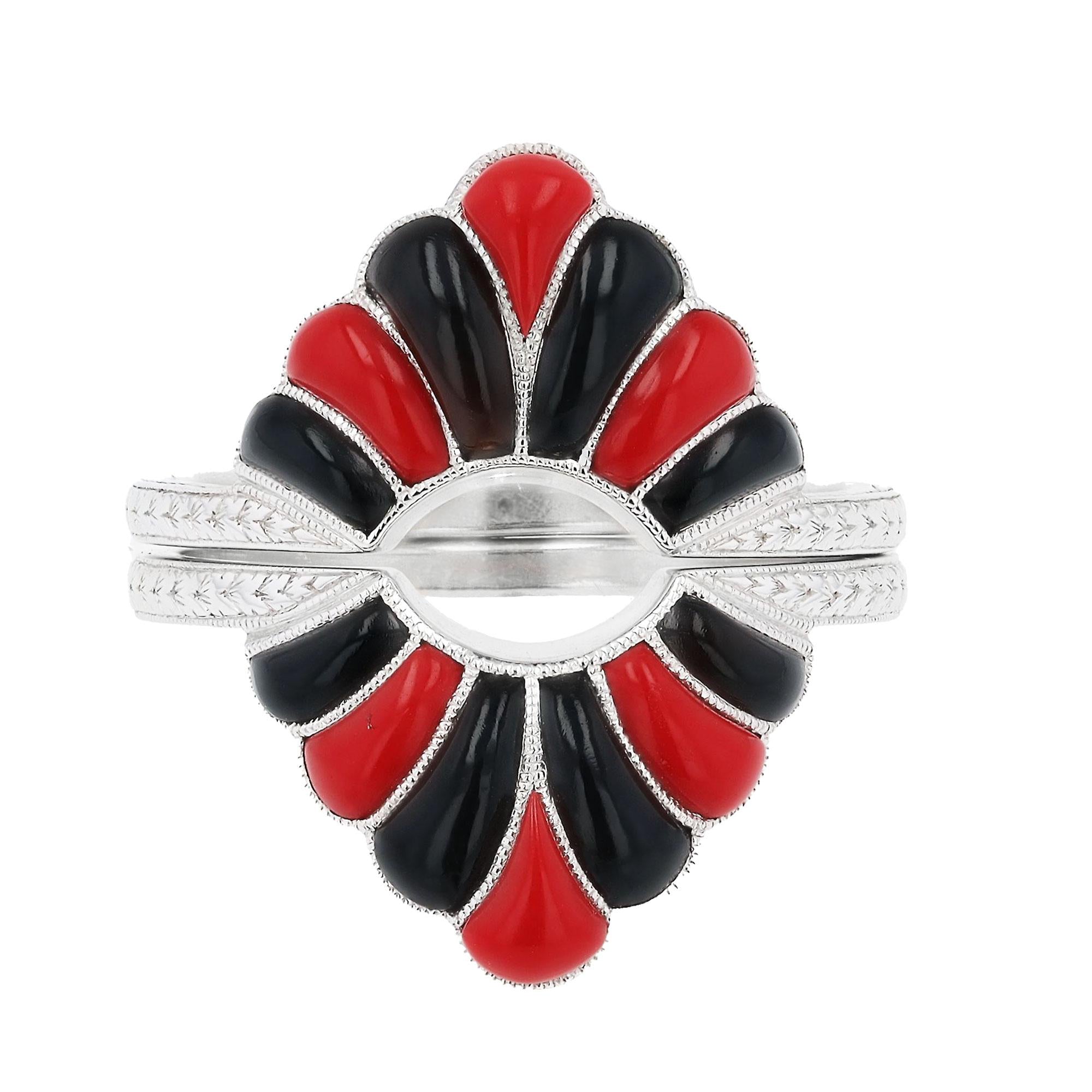 Vintage Art Deco Revival Onyx & Coral White Gold Ring Jacket