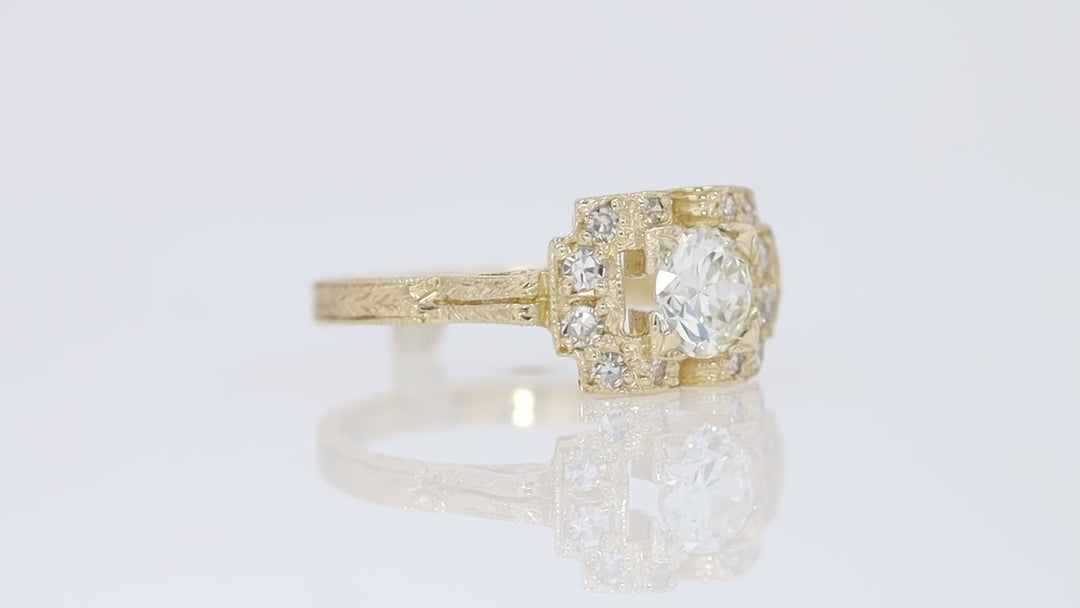 GIA Certified Round Diamond Yellow Gold Deco Engagement Ring