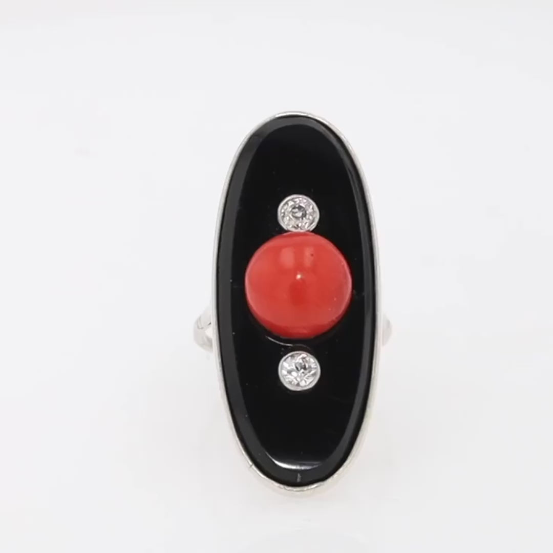 Art Deco Coral Onyx & Diamond Cocktail Trilogy Ring