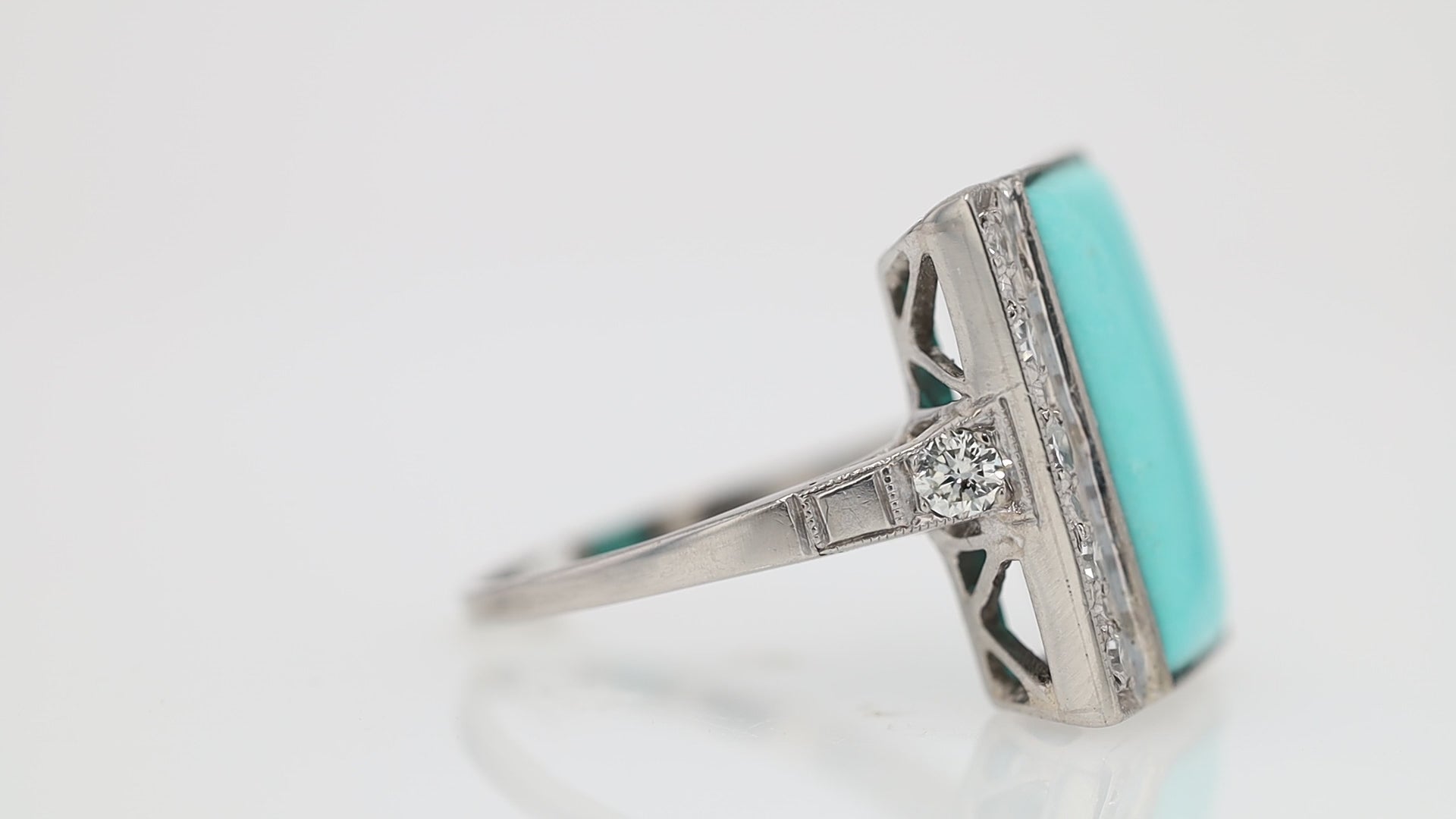 Art Deco Turquoise and Diamond Palladium Cocktail Ring