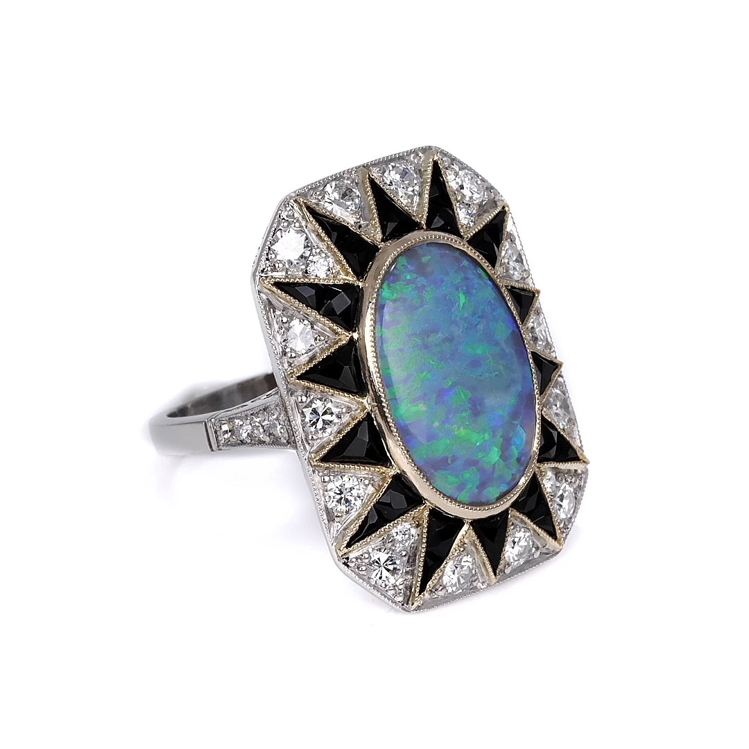 4.10 Carat Black Opal Diamond & Onyx Art Deco Style Cocktail Ring