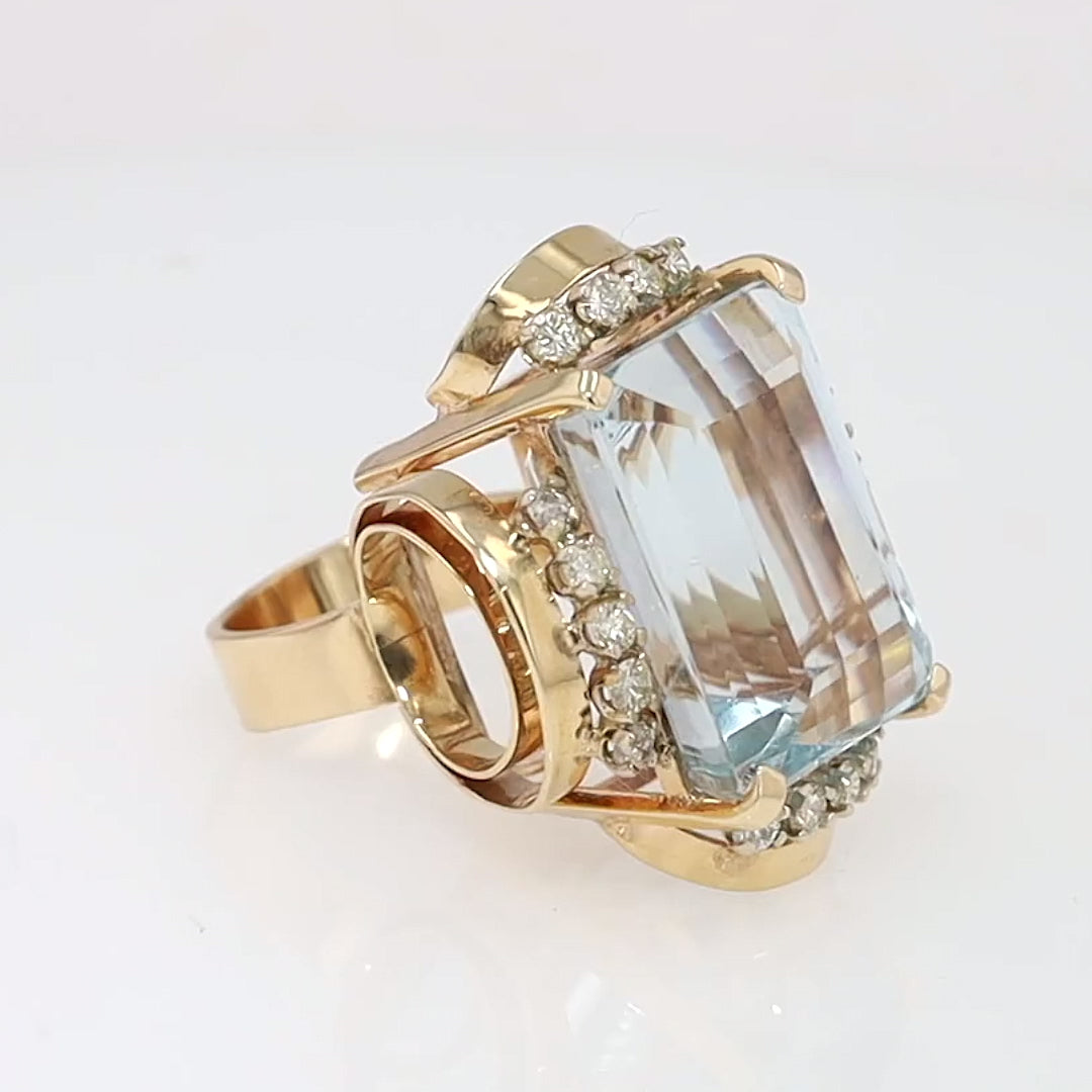 Retro 55 Carat Aquamarine & Diamond Monumental Cocktail Ring