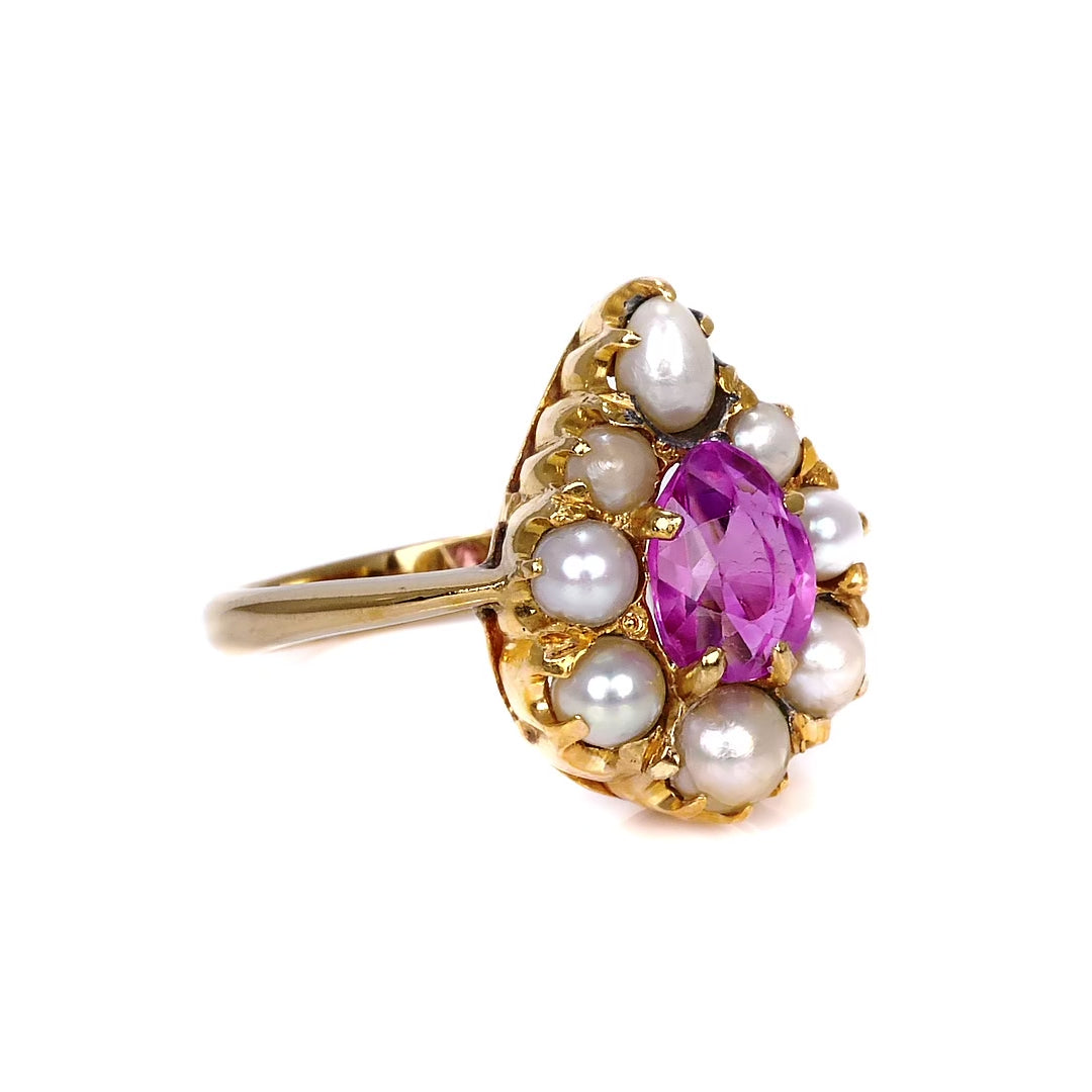 Antique Victorian 20k Gold Pink Sapphire And Pearl Halo Engagement Ring