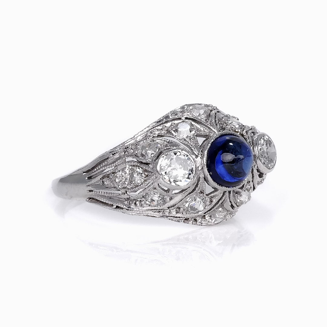 Art Deco Cabochon Sapphire Diamond 3 Stone Platinum Filigree Engagement Ring