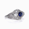 Art Deco Cabochon Sapphire Diamond 3 Stone Platinum Filigree Engagement Ring