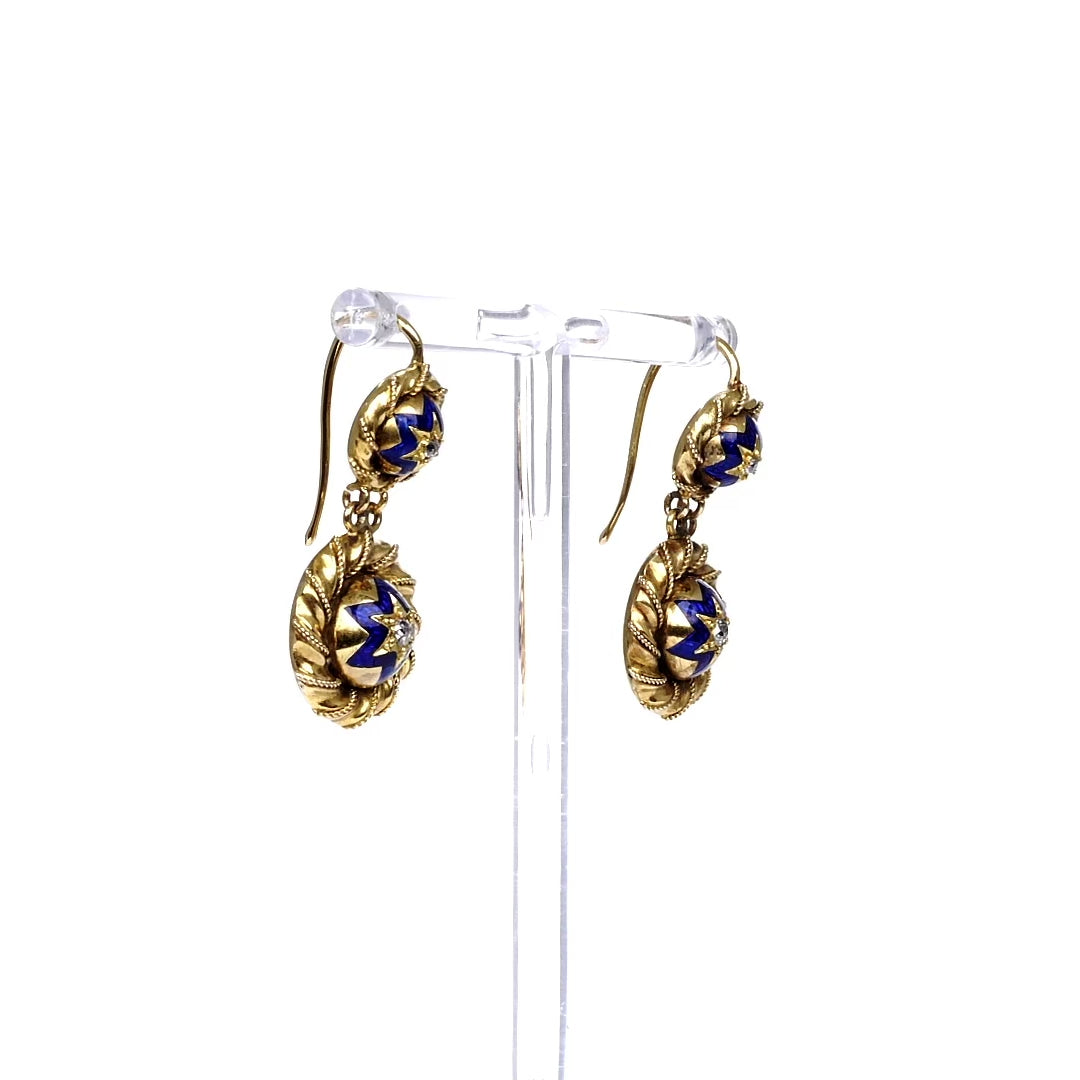 Antique Georgian Enamel & Diamond 6 Point Star 20k Gold Drop Earrings