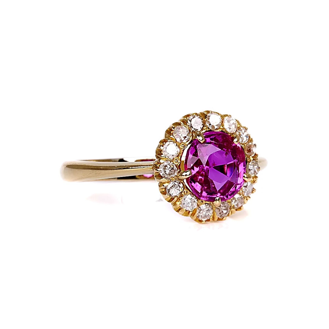 Antique Victorian GIA 1.25 Ct Unheated Burma Pink Sapphire Halo Engagement Ring