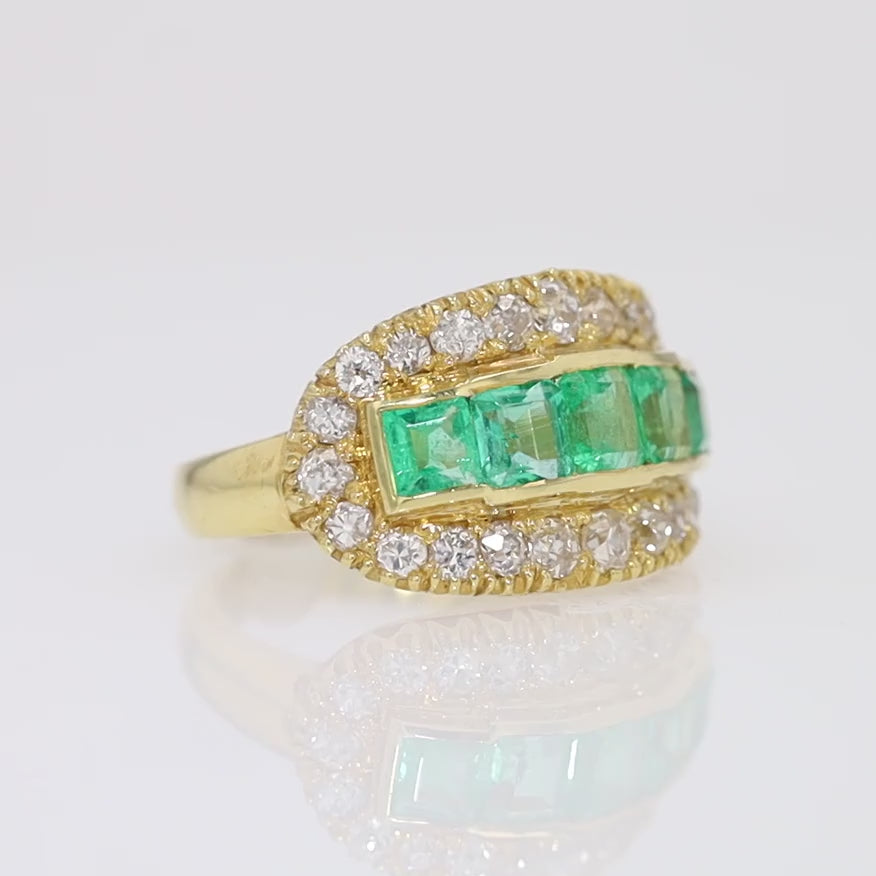 Retro Colombian Emerald and Diamond 18k Yellow Gold Wide Band Ring