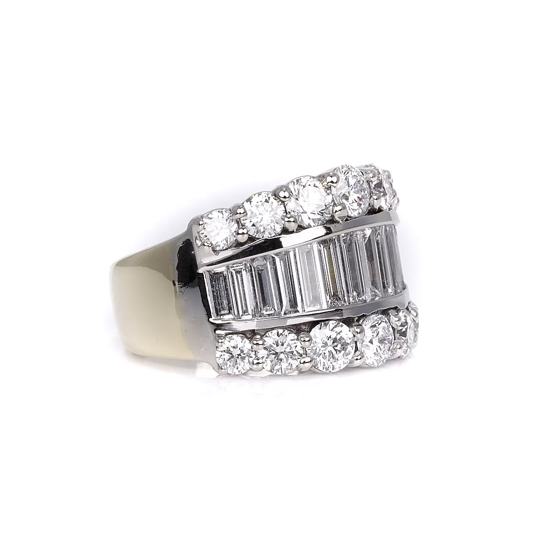 Vintage 3 Carat Diamond Baguette Round Brilliant 18K Gold Cigar Band Ring 1980s