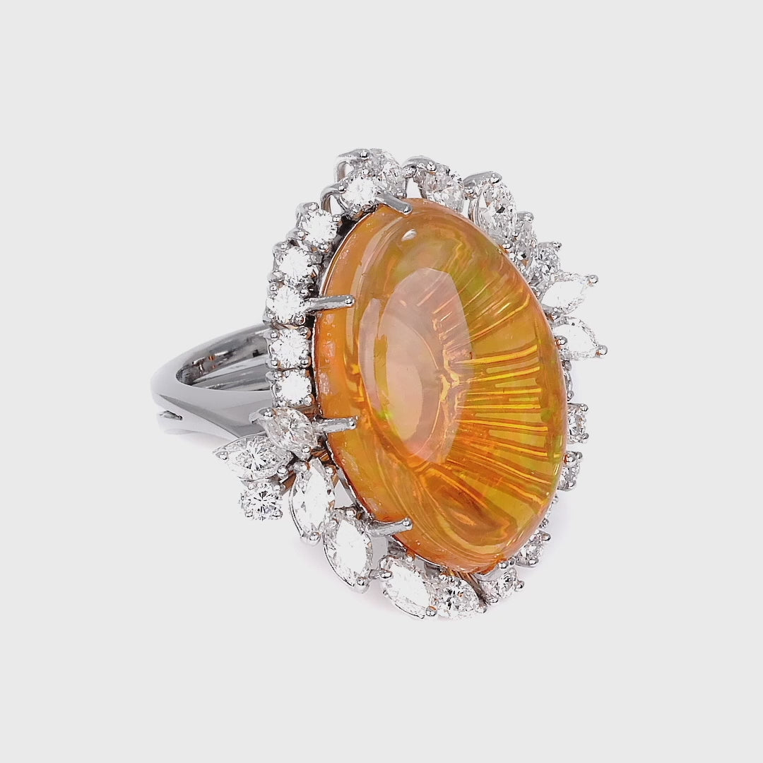 Mid Century Mexican Fire Opal & Diamond Grand Cocktail Ring