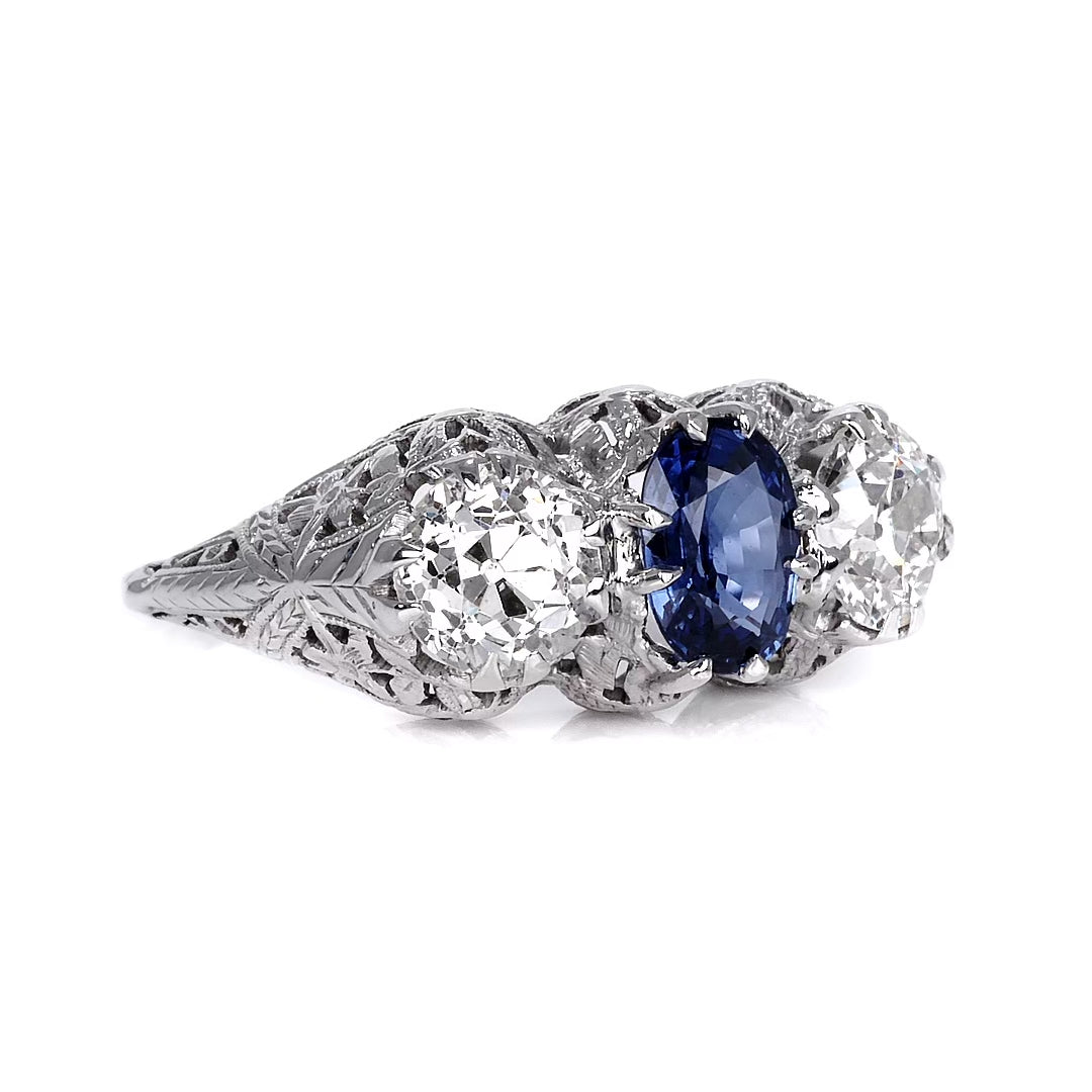 Antique Art Deco 2.78 Carat 3 Stone Diamond & Sapphire Filigree Engagement Ring
