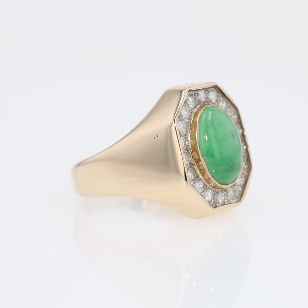 Men's Women's Mid Century Jade & Diamond 14k Yellow Gold Ring