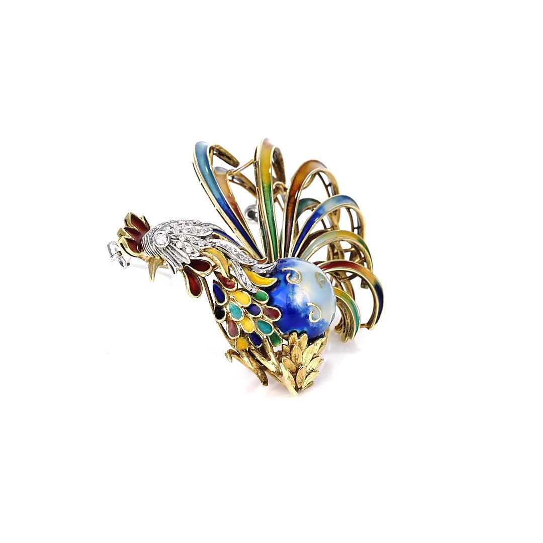RDY Italian 18k Gold Retro Rooster Pin Enamel & Diamond Brooch