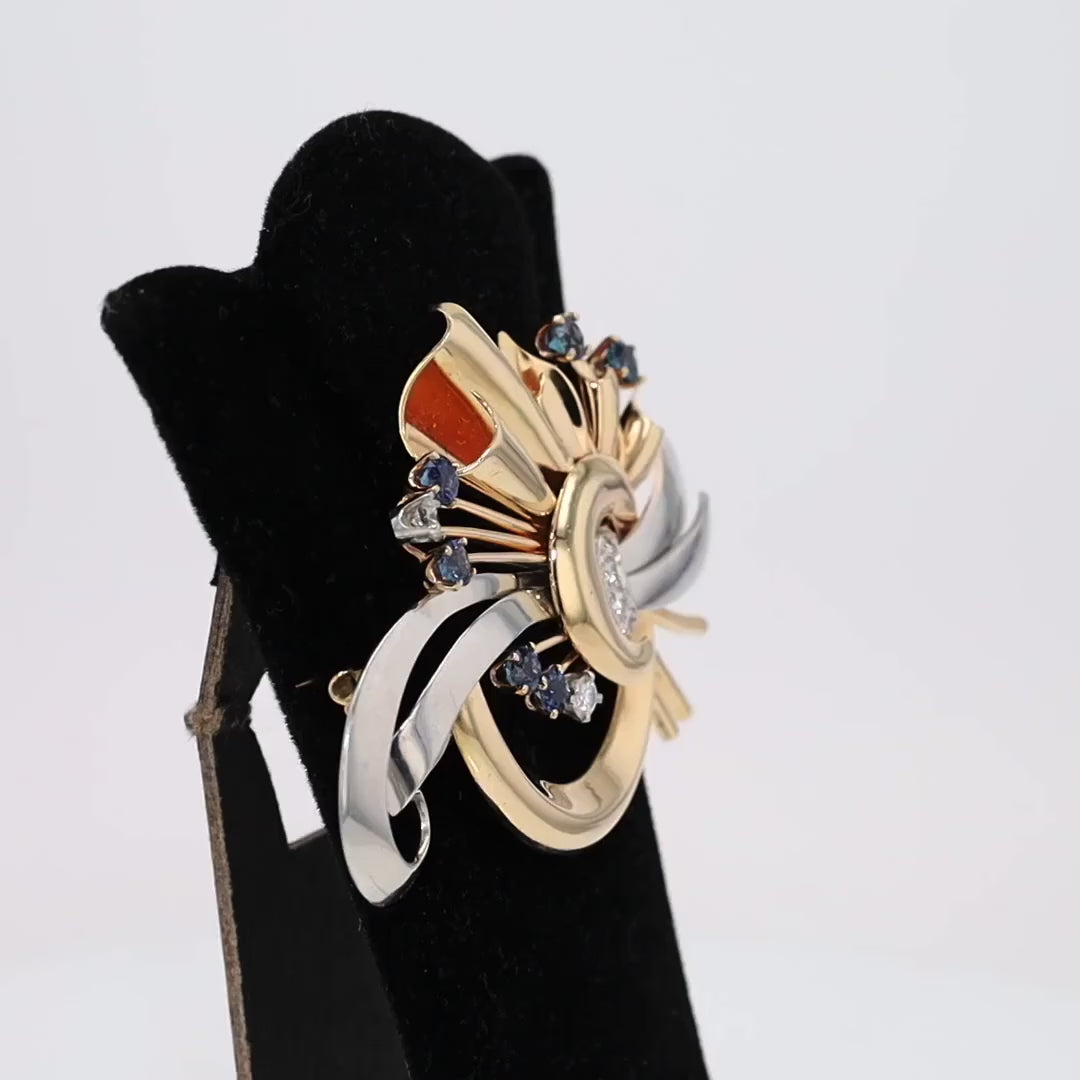 Retro Platinum/Gold Diamond & Sapphire Cosmic Brooch Pin-Pendant