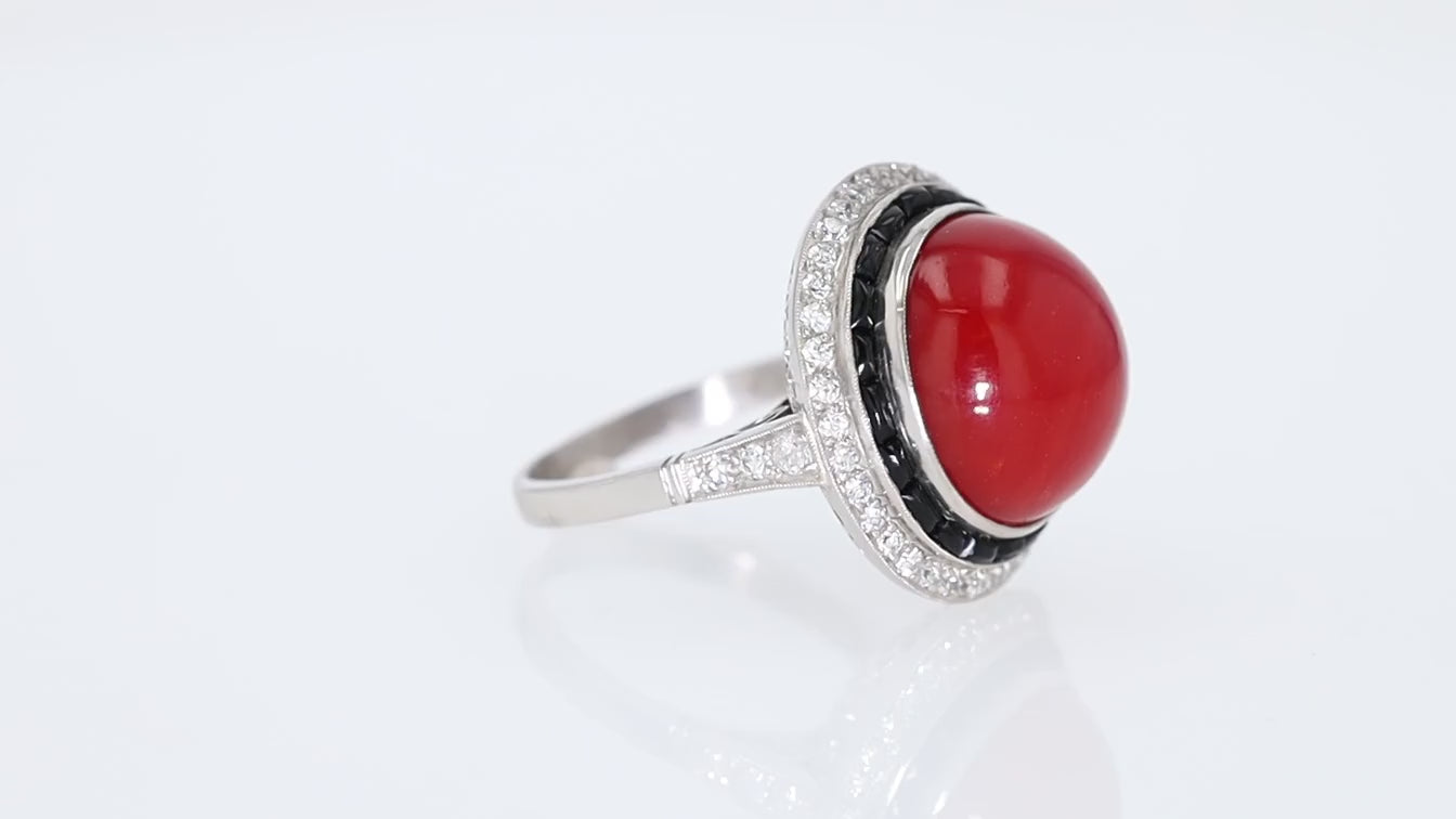 Art Deco Revival Red Coral Diamond & Onyx Cocktail Ring