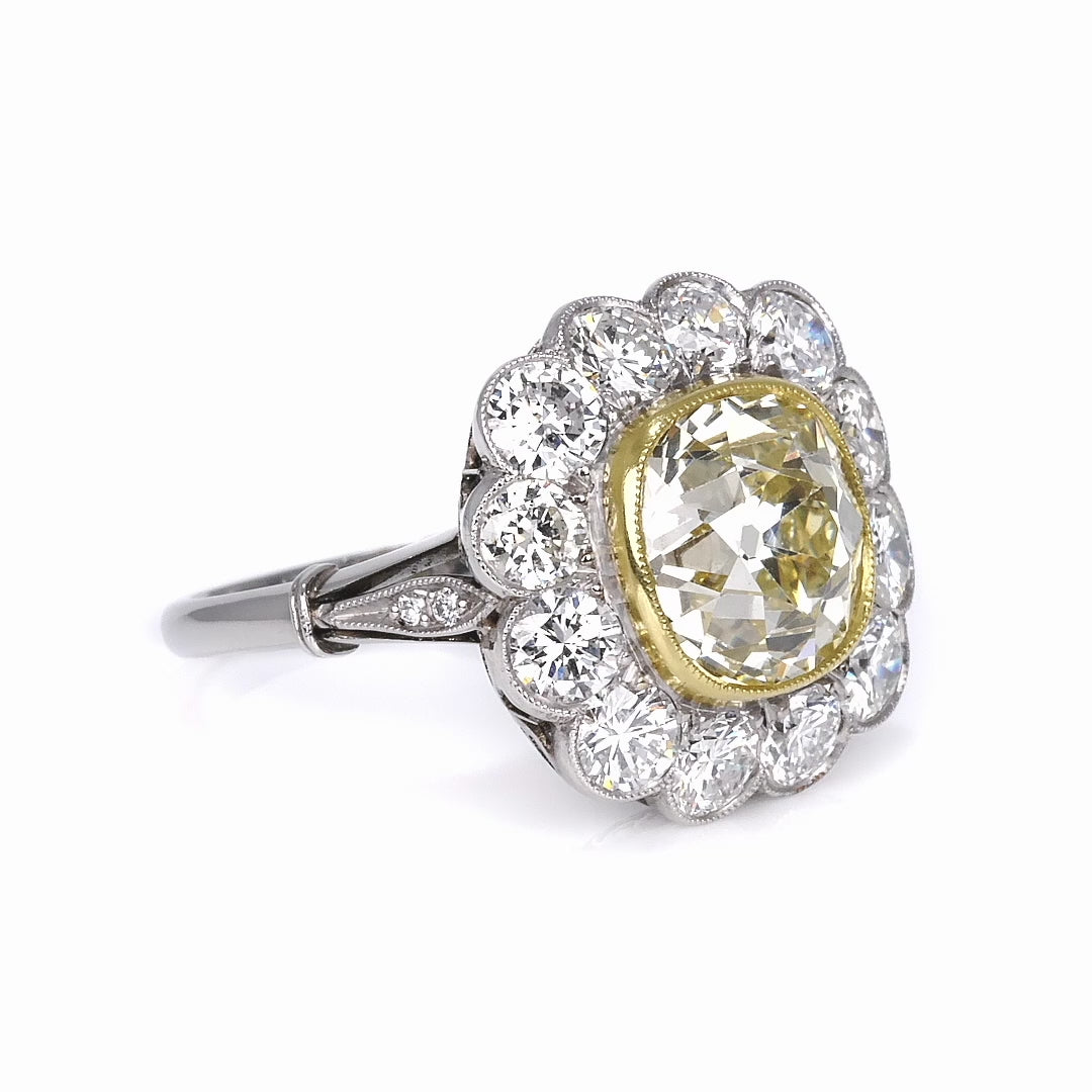 Antique 3.76 Carat Old Mine Cut Yellow Diamond Platinum Halo Engagement Ring