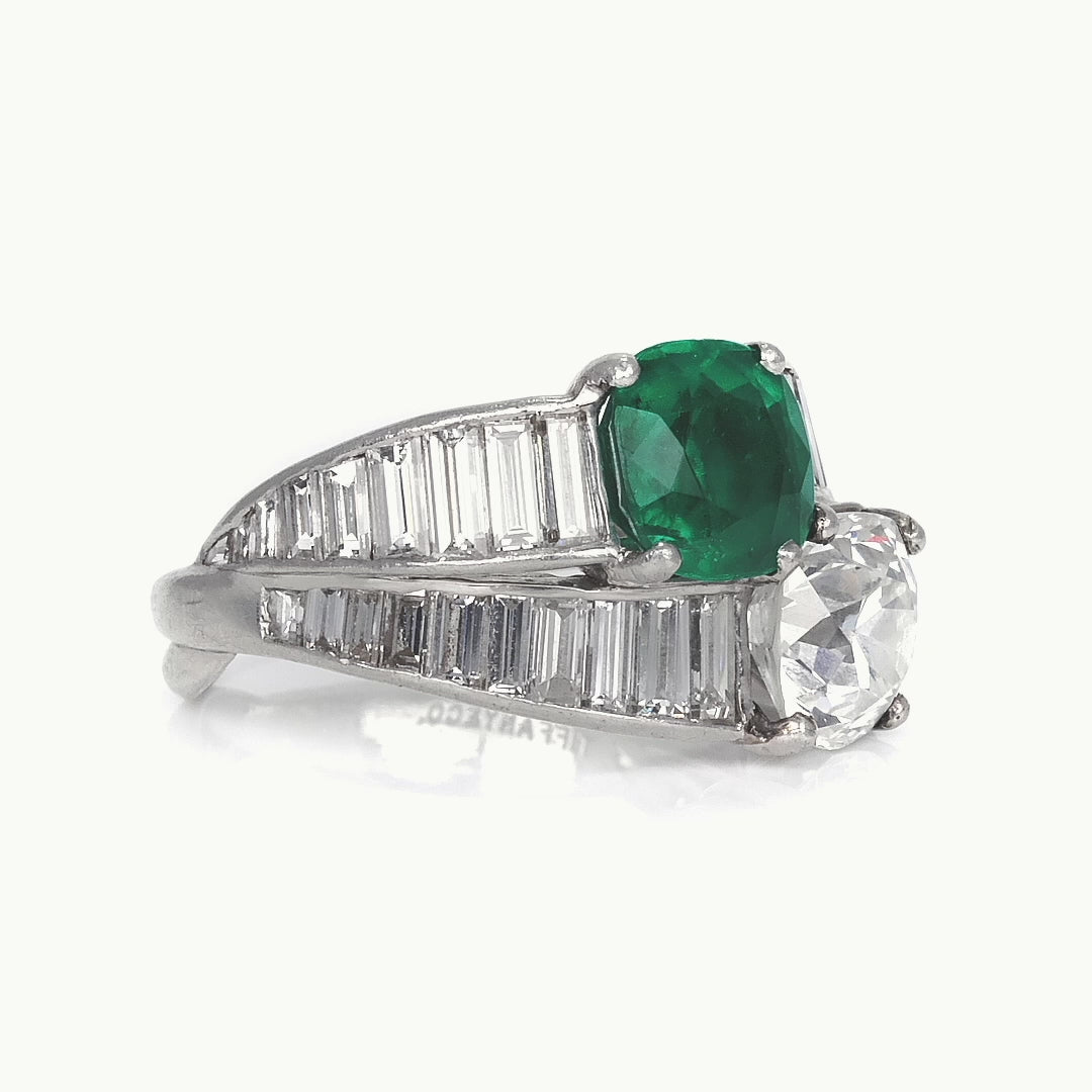 Art Deco 1930's Tiffany & Co GIA Certified Diamond & Emerald Toi Et Moi Ring
