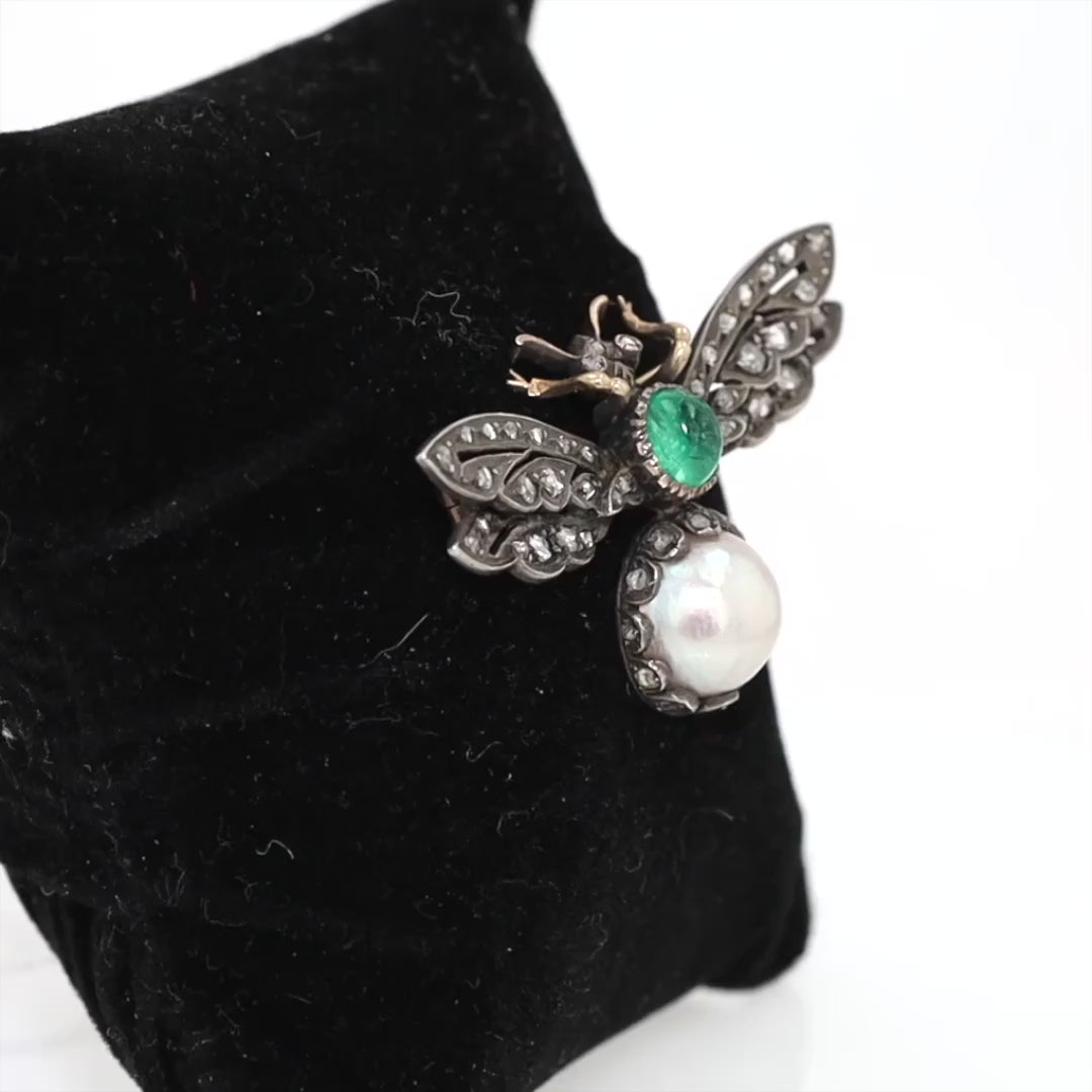 Victorian Diamond Emerald Pearl Bee Pin Brooch