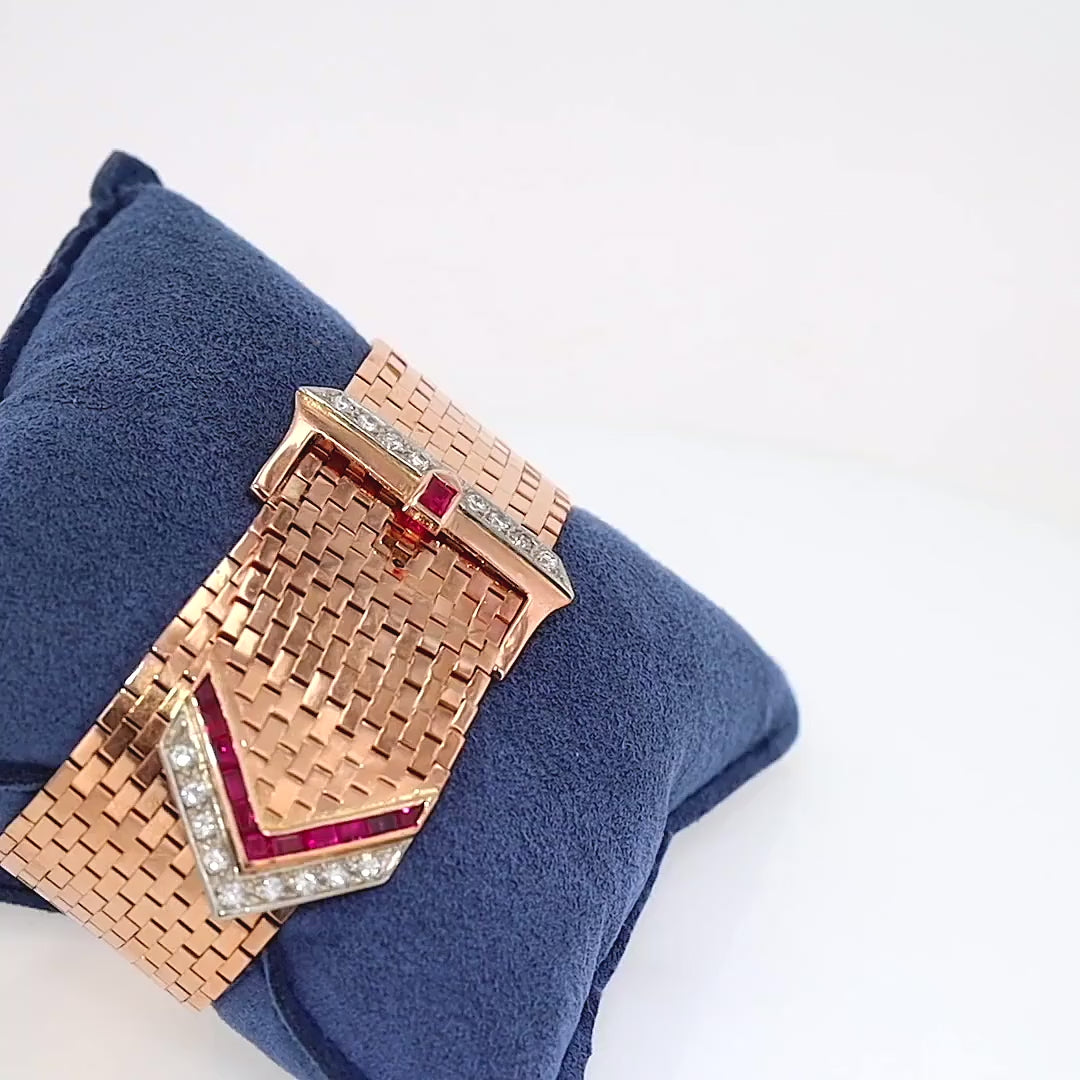 Retro Rose Gold 1940s Diamond Ruby Wide Buckle Bracelet