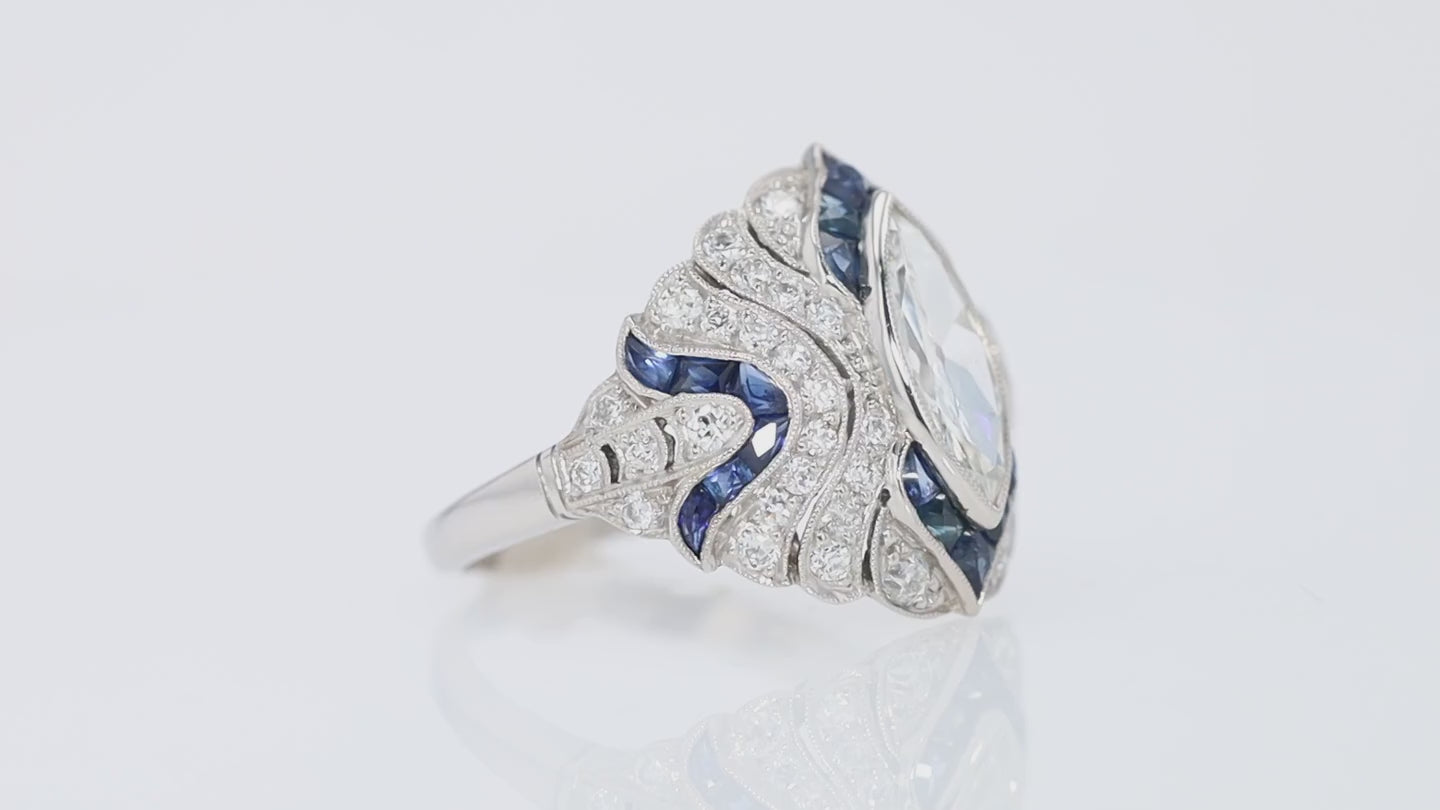 Art Deco Style 1.10 Carat Marquise Diamond & Sapphire Cocktail Ring