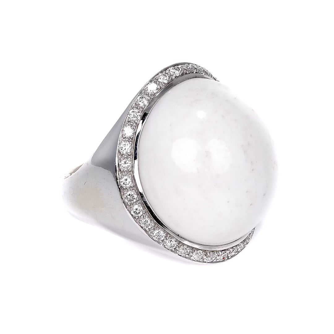 35 Carat White Coral and Diamond 18k White Gold Estate Cocktail Ring